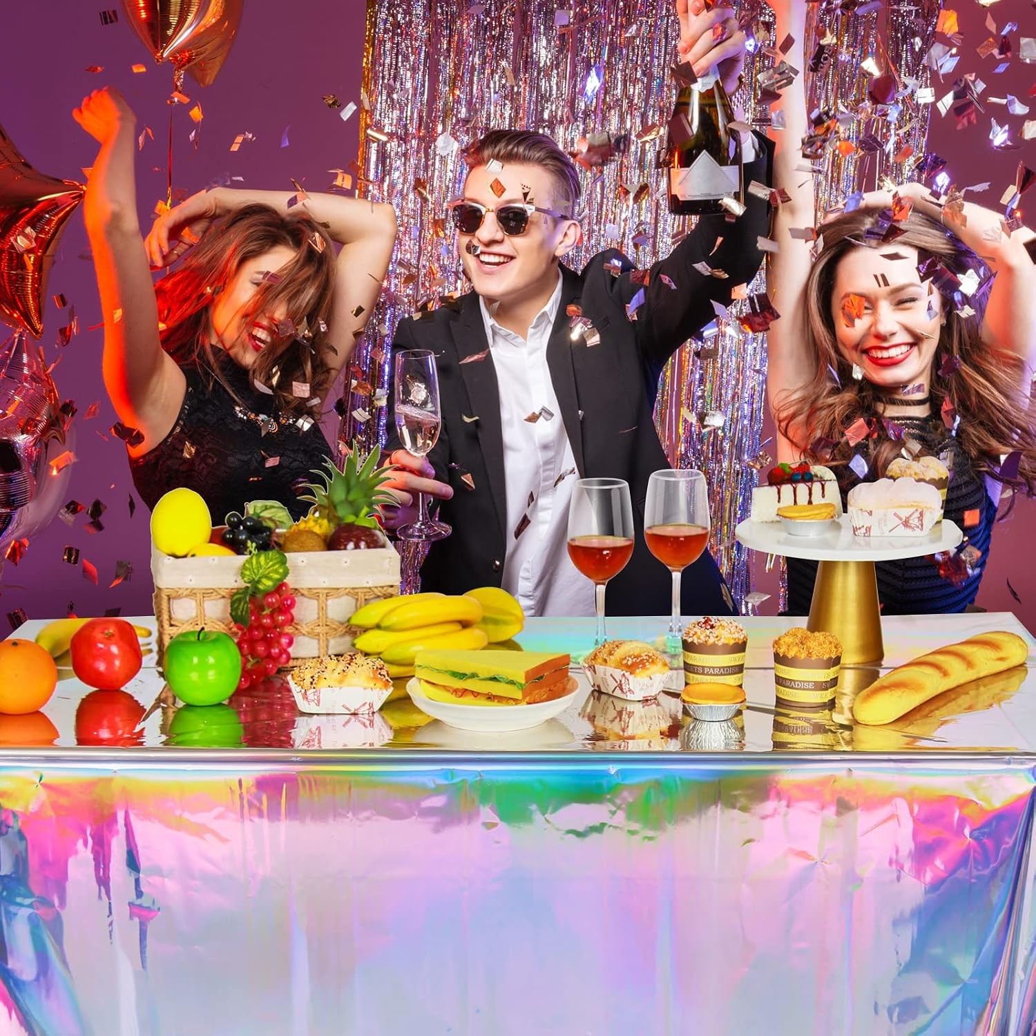 4 Pack Iridescent Plastic Tablecloths, Shiny Disposable Laser Rectangle Table