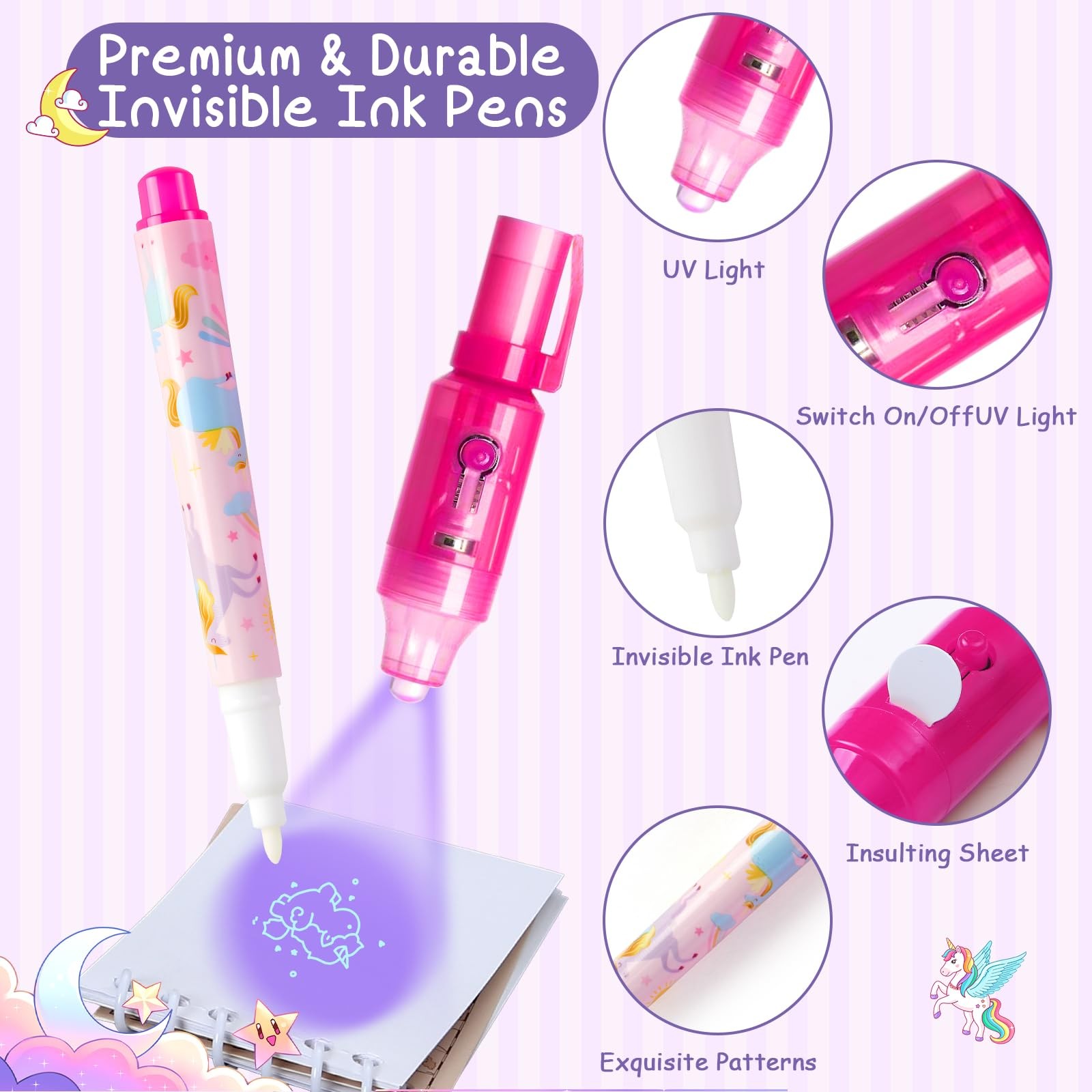 Invisible Ink Pen and Notebook Pack, 24 Pcs Unicorn Party Favors, Spy Pens wi…