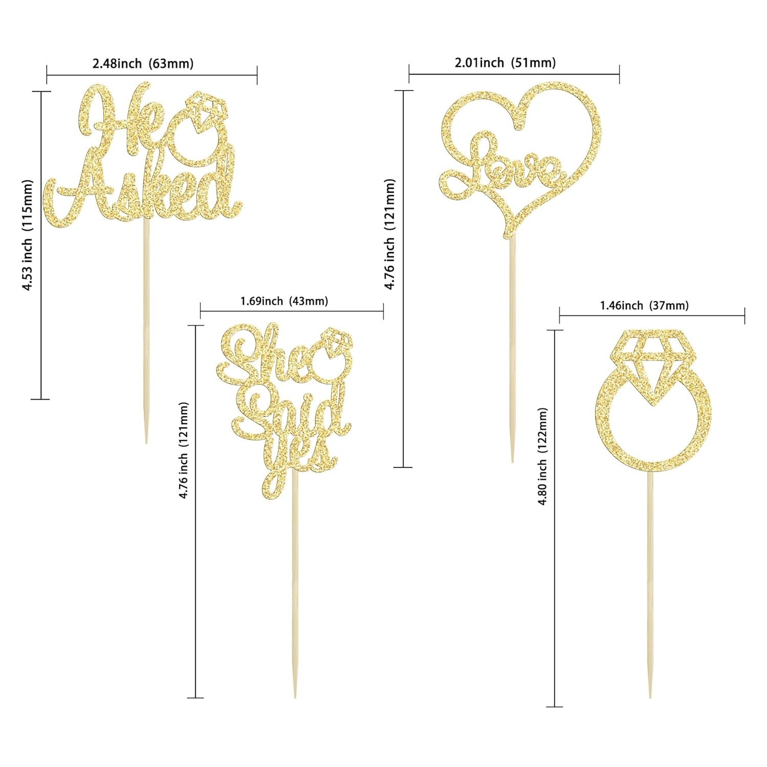 He Asked She Said Yes Cupcake Toppers Gold Glitter Diamond Ring Heart Love Ca…