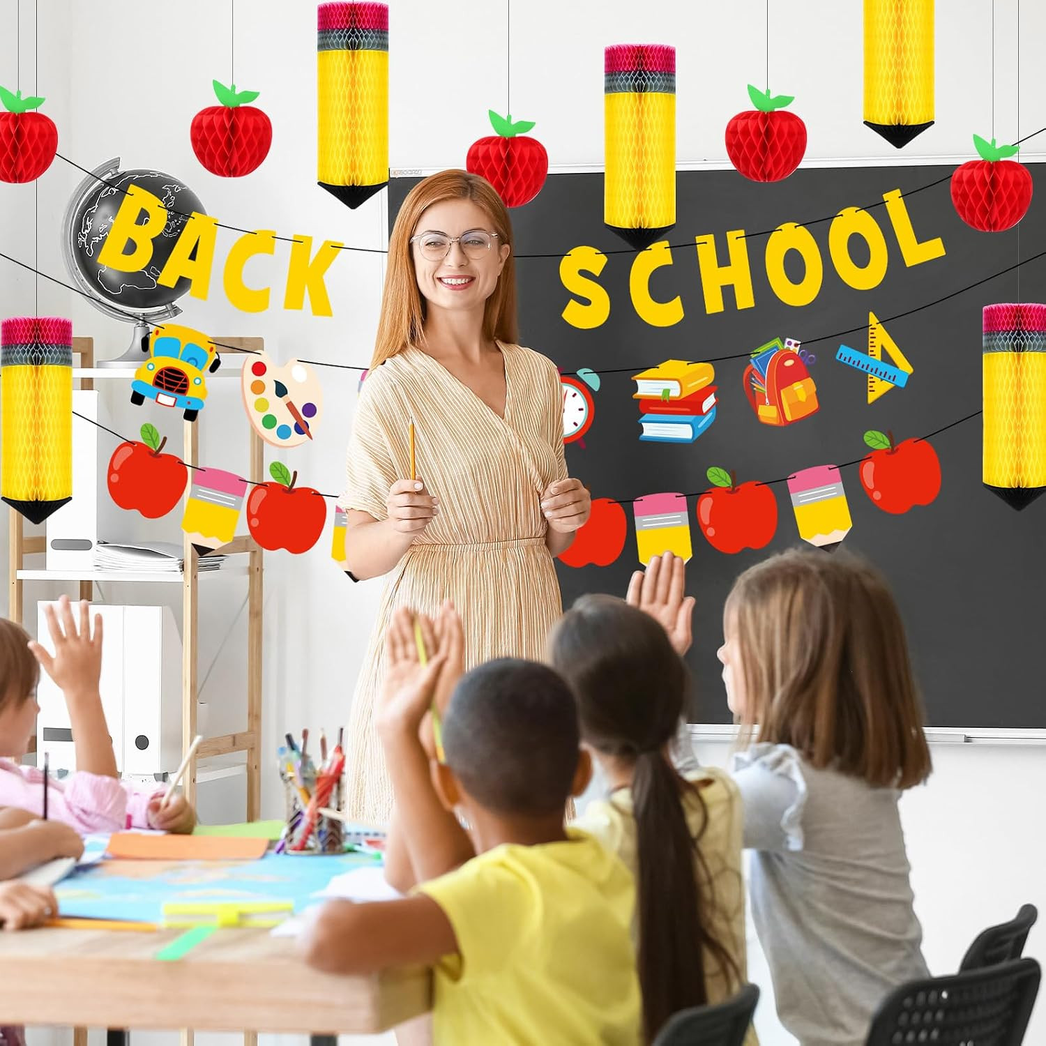 43 Pcs Back to School Decorations Pencil Apple Hanging Honeycomb Centerpiece Dec