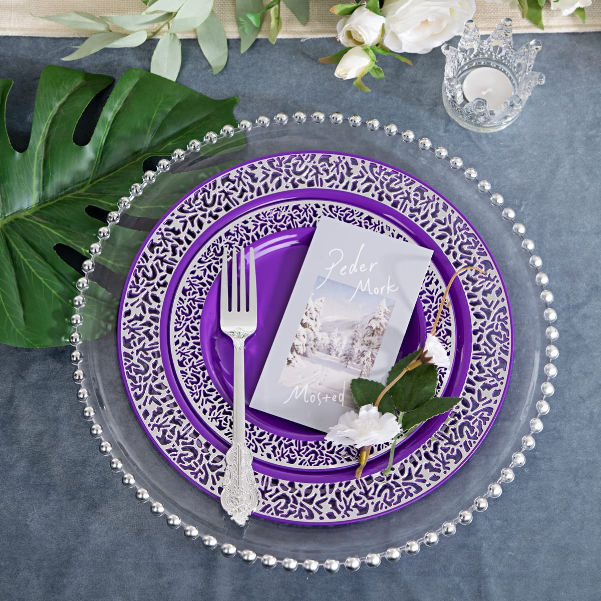 150PCS Purple Silver Plastic Plates with Silver Silverware, Silver Party Supp…