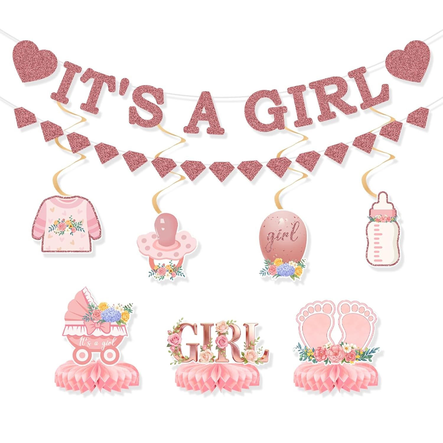 Pink Baby Girl Party Decorations Set 9Pcs Rose Gold Baby Shower Decorations