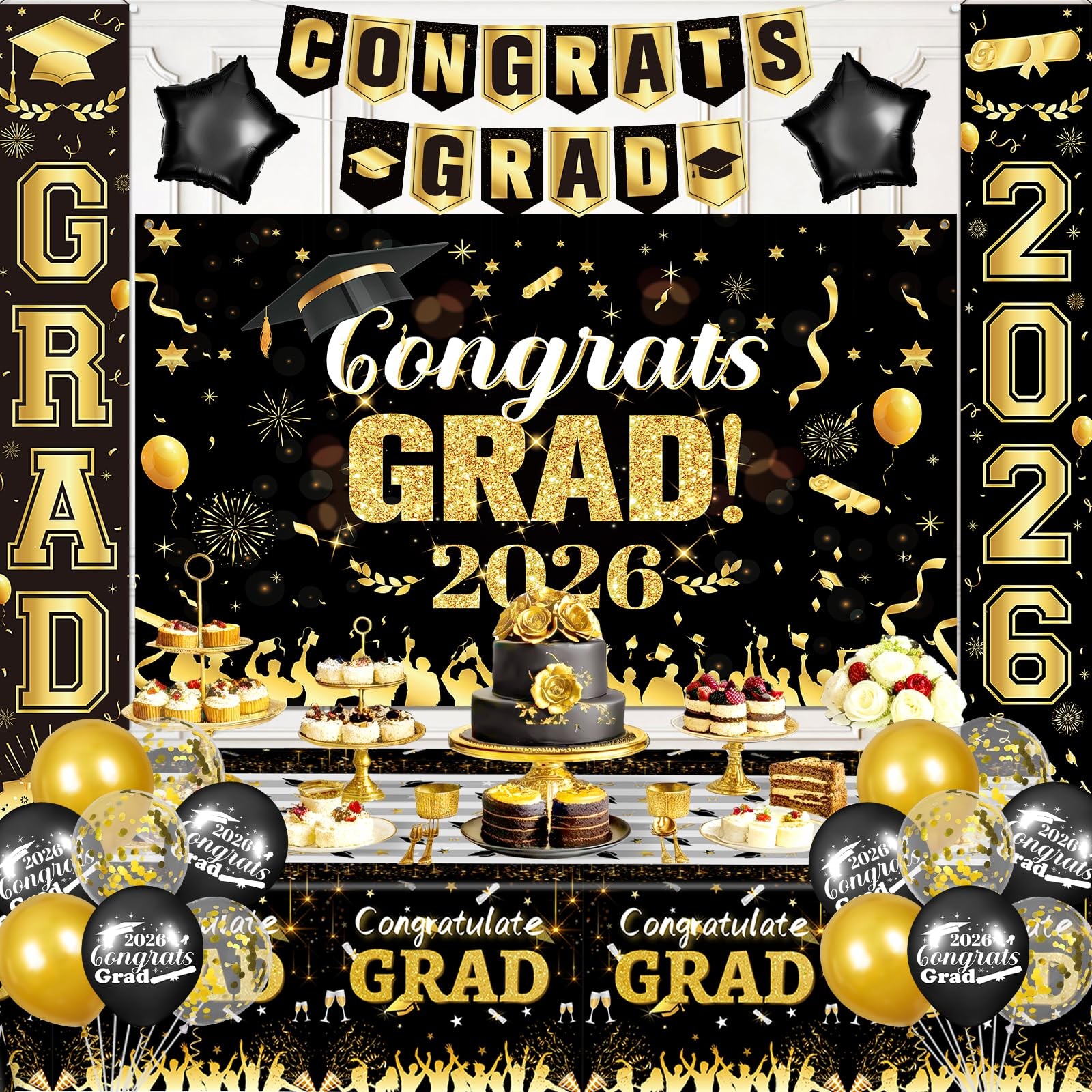 Black Gold Graduation Decorations 2026 Congrats Grad Party Supplies Set Fabri…