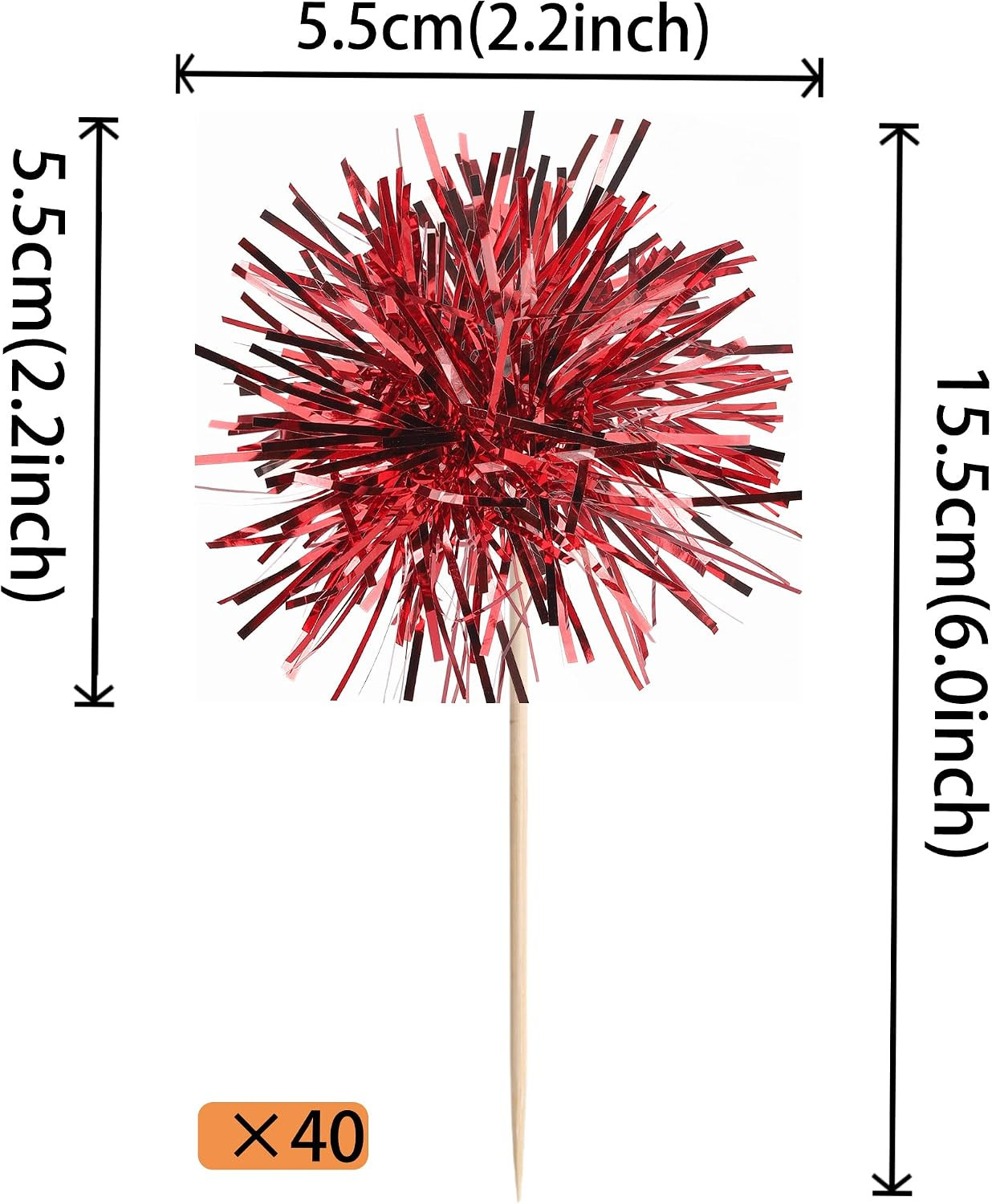 40 PCS Foil Firework Cupcake Toppers Sparkle Tinsel Cupcakae Picks Sparkler Fire