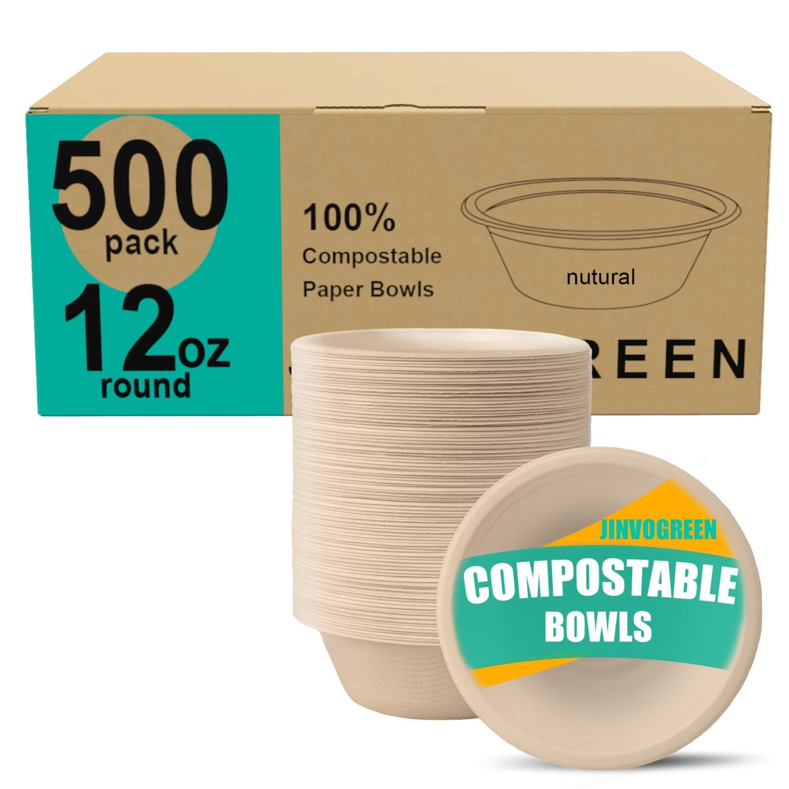 500 Count 12 oz Disposable Compostable Paper Bowls – Heavy Duty Biodegradable fo