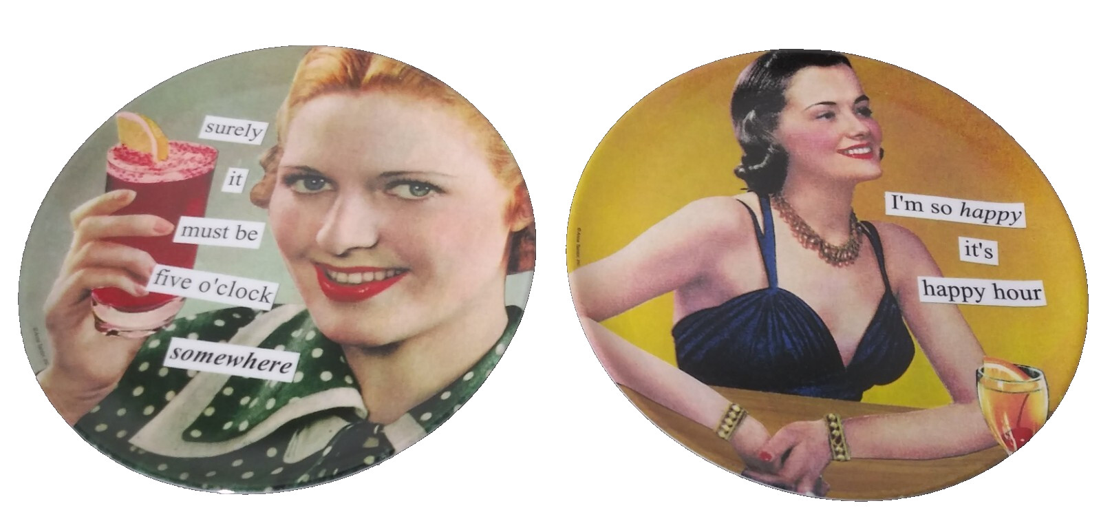 Set of 2 Anne Taintor Retro Cocktail Hour Melamine Plates Happy Hour 7.5″
