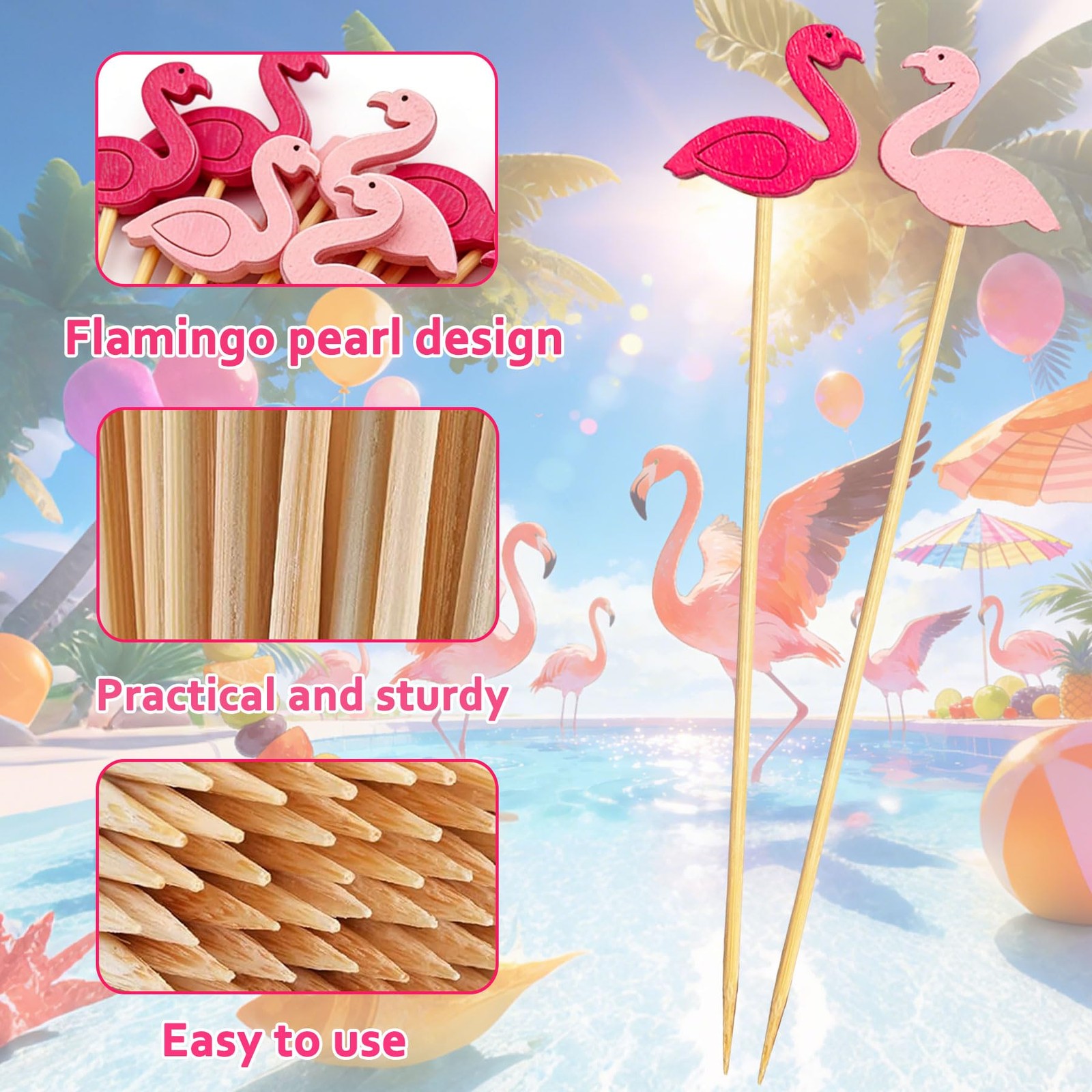 100 Pcs Flamingo Cocktail Picks, 4.7inch Toothpicks for Appetizers, Bamboo Sk…