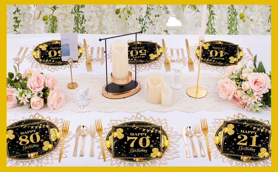 70th 7 inch Birthday Party Paper Plates and Napkins Forks 60 pcs Black Gold