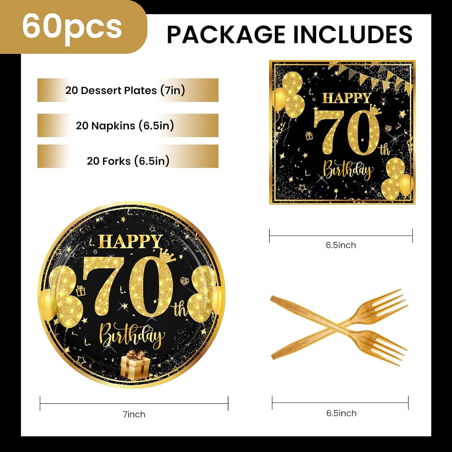70th 7 inch Birthday Party Paper Plates and Napkins Forks 60 pcs Black Gold