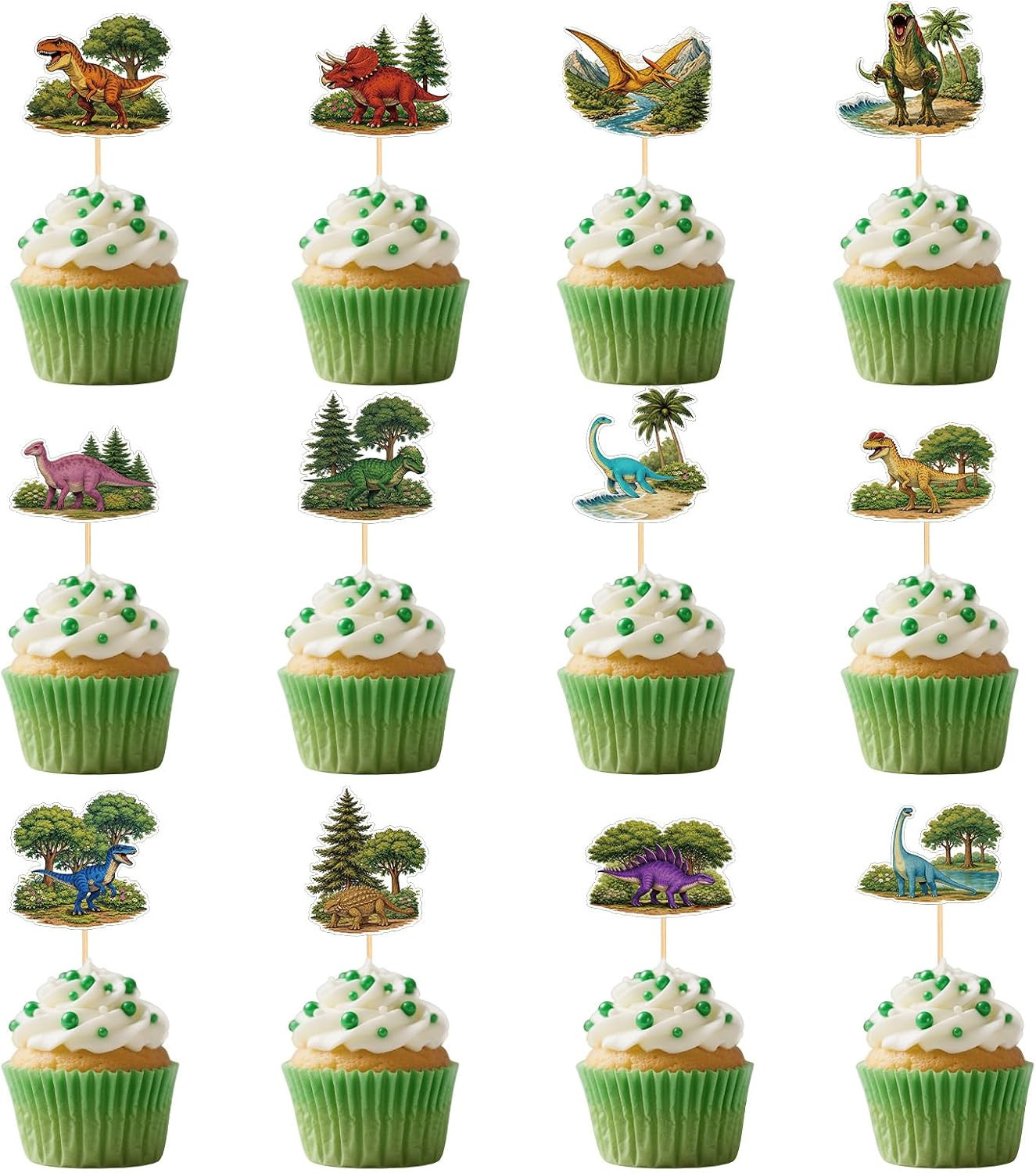 48Pcs Dinosaur Cupcake Toppers, Dinosaur Birthday Cake Decorations Dino Theme Cu
