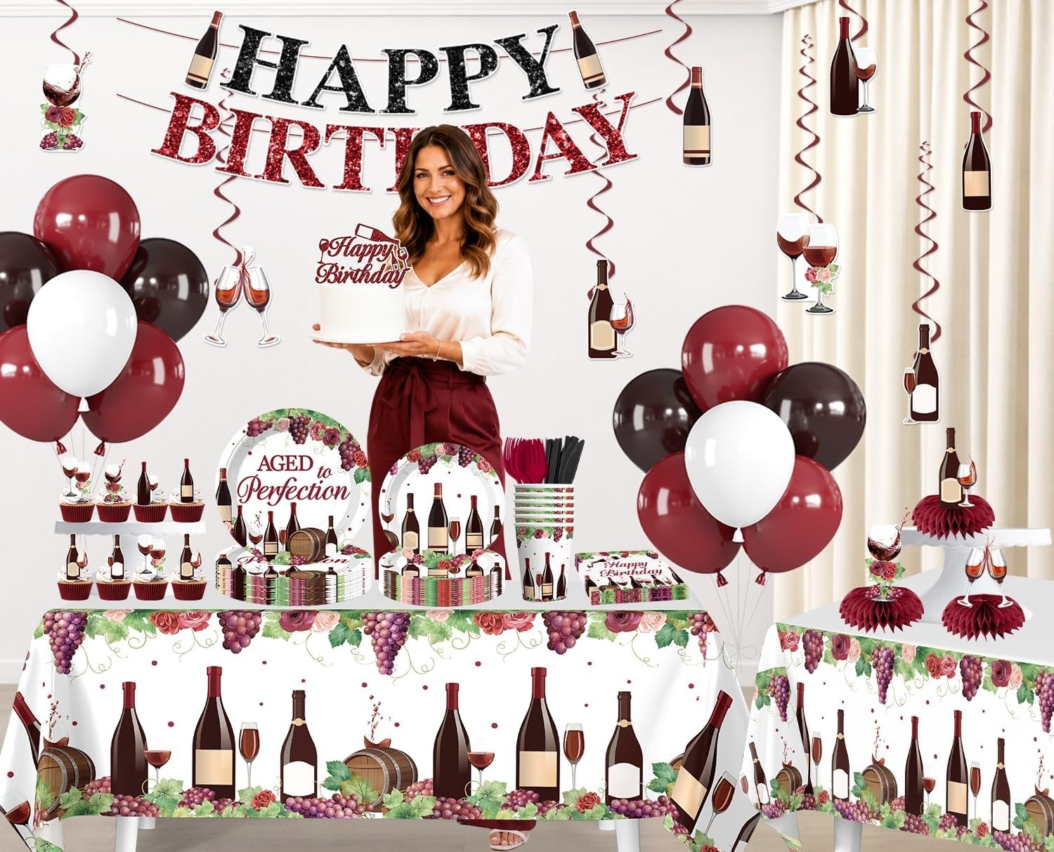 Wine Themed “Aged to Perfection” Birthday Decorations for 25 Guests NEW