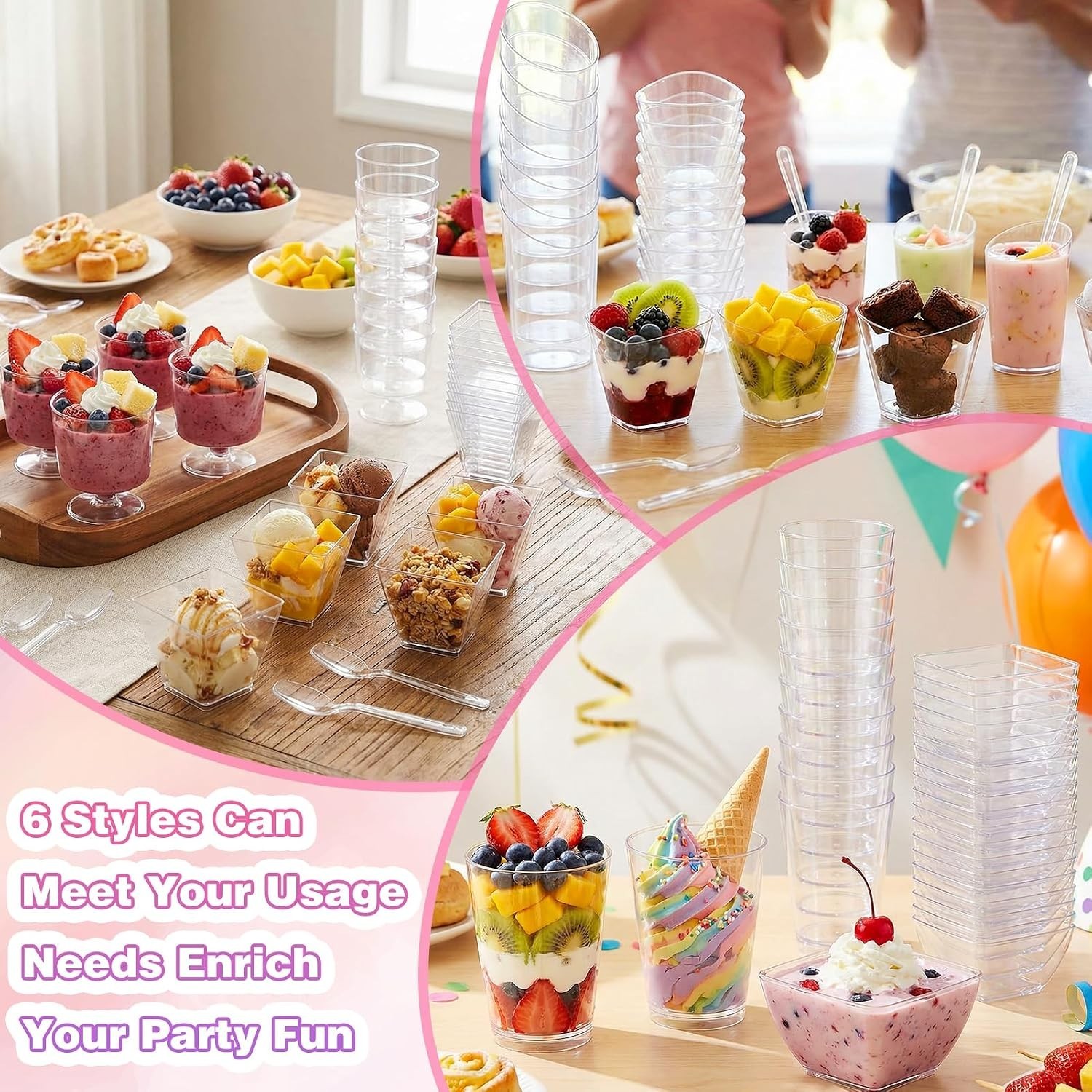 400 Pcs Mini Dessert Cups with Spoons, 6 Styles Plastic Dessert Cups, Clear V…
