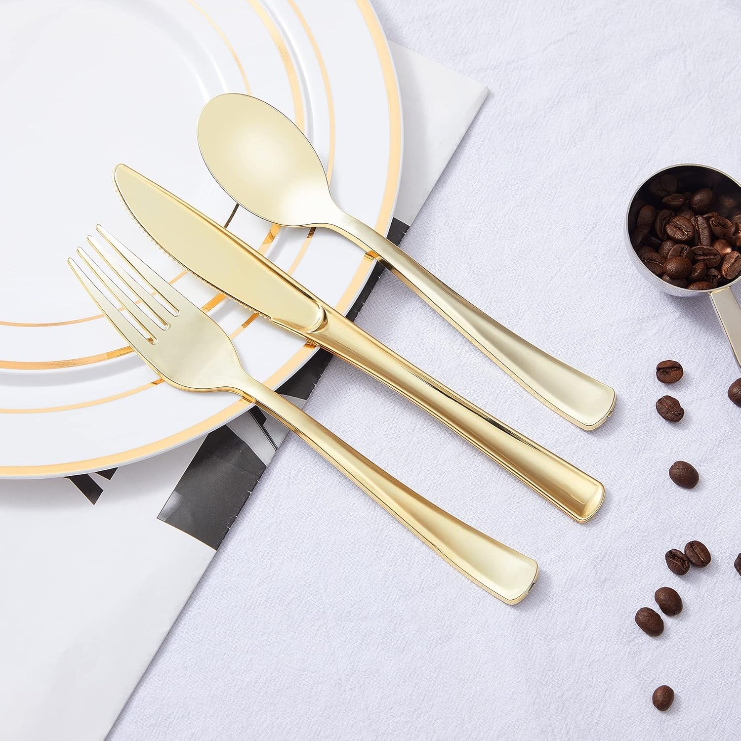 300PCS Gold Plastic Silverware, Heavy Duty Gold Plastic Cutlery Set Disposabl…