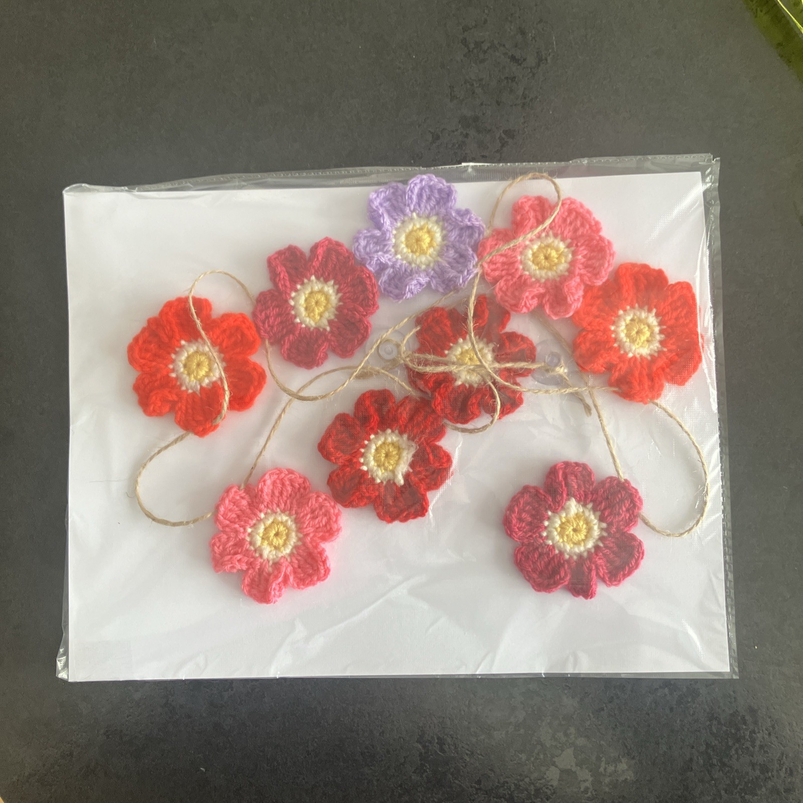 🌸NEW Hand Crochet PRETTY jute 9 Flowers Bunting Window Camper Summer 45” Gift