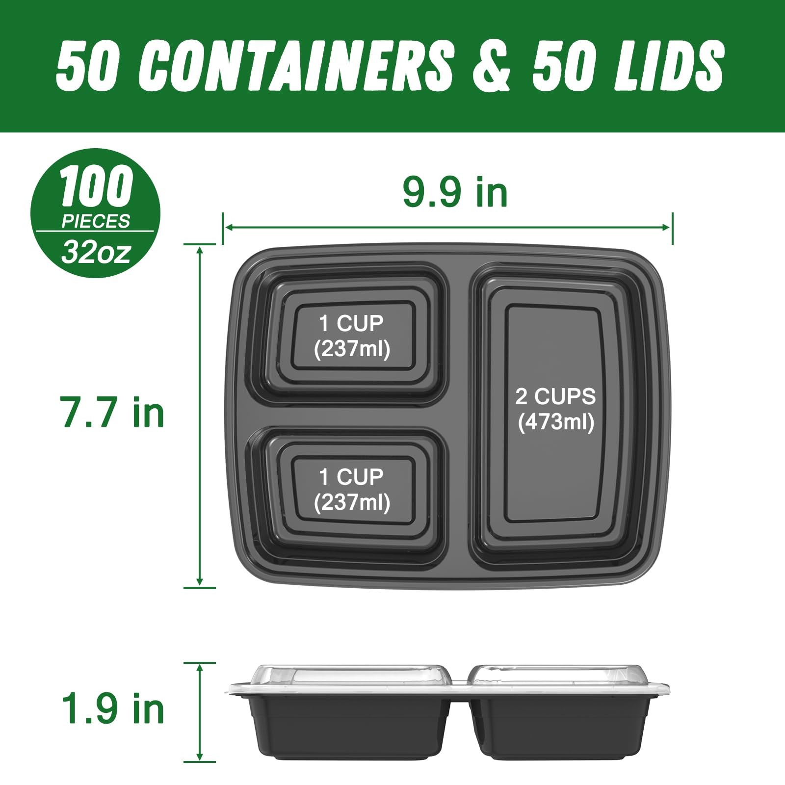 50 Pack (100-Piece) 32 oz Meal Prep Containers Reusable with Lids 3-Compartment,
