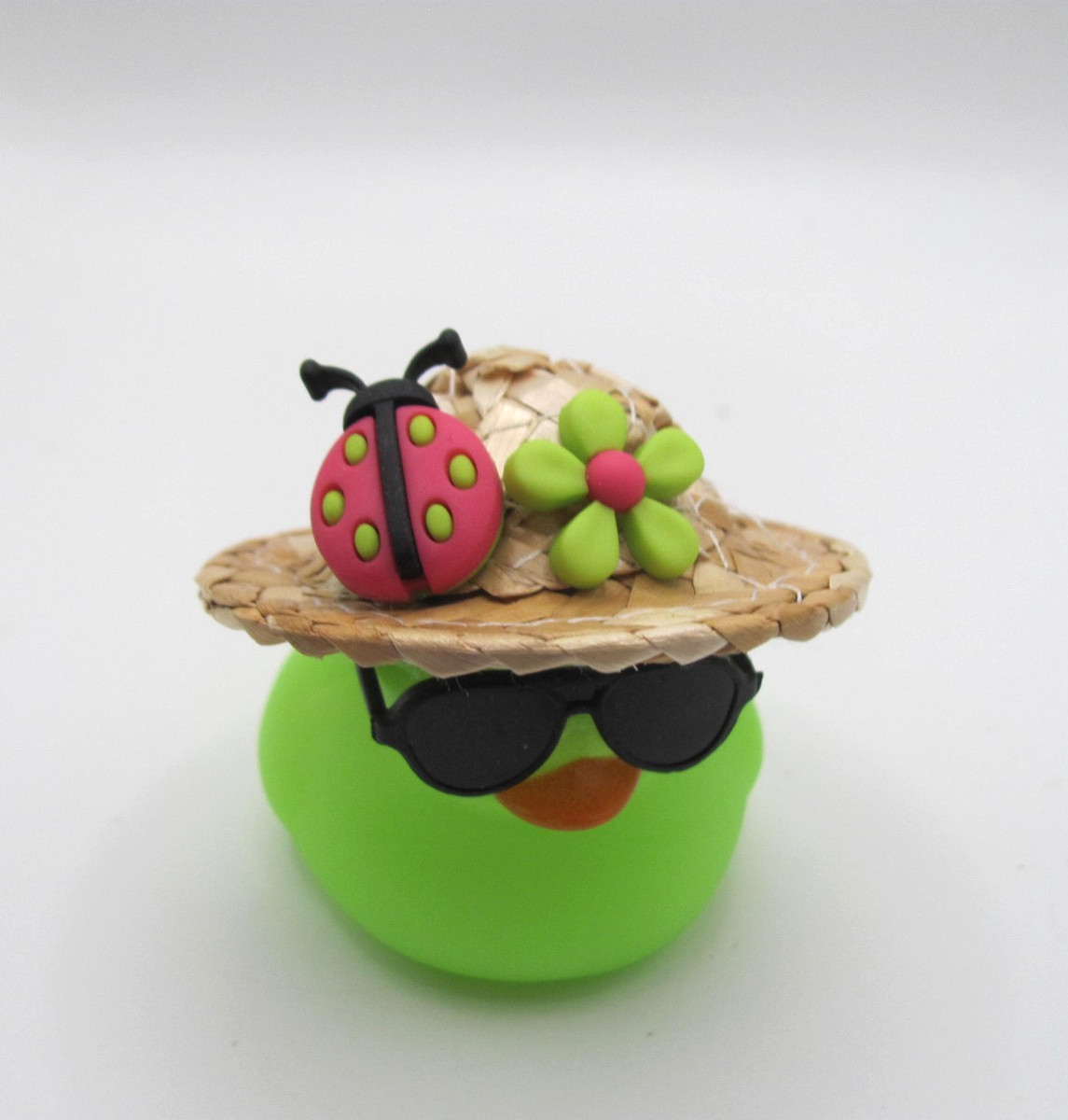 HAND DECORATED GREEN RUBBER DUCK W/ STRAW HAT W/ FLOWER & LADYBUG & SUNGLASSES