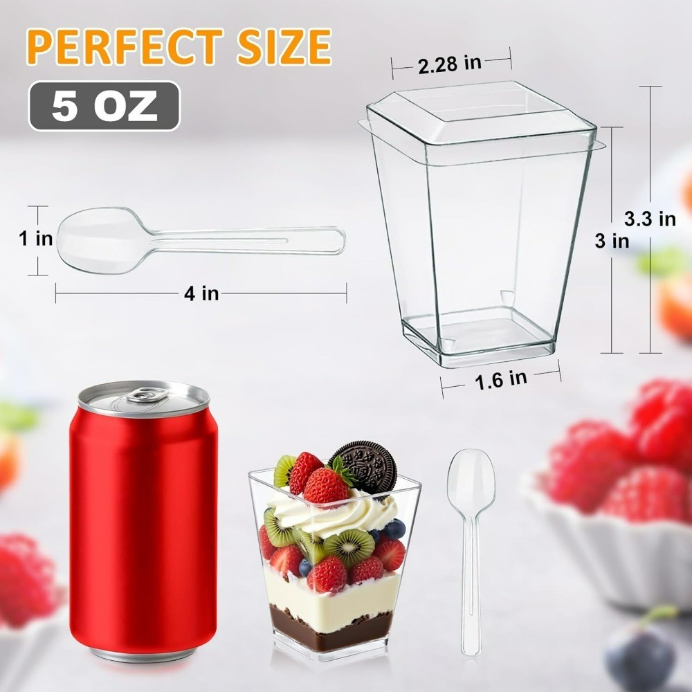 Clear Plastic Dessert Cups with Lids and Spoons 5oz Square Parfait Yogurt Party