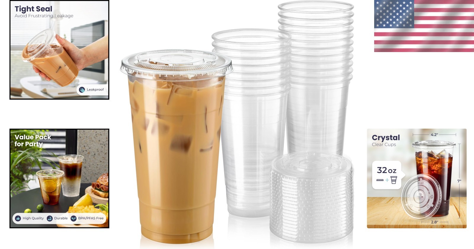 Reusable 32 oz Clear Plastic Cups with Lids, 300 Pack