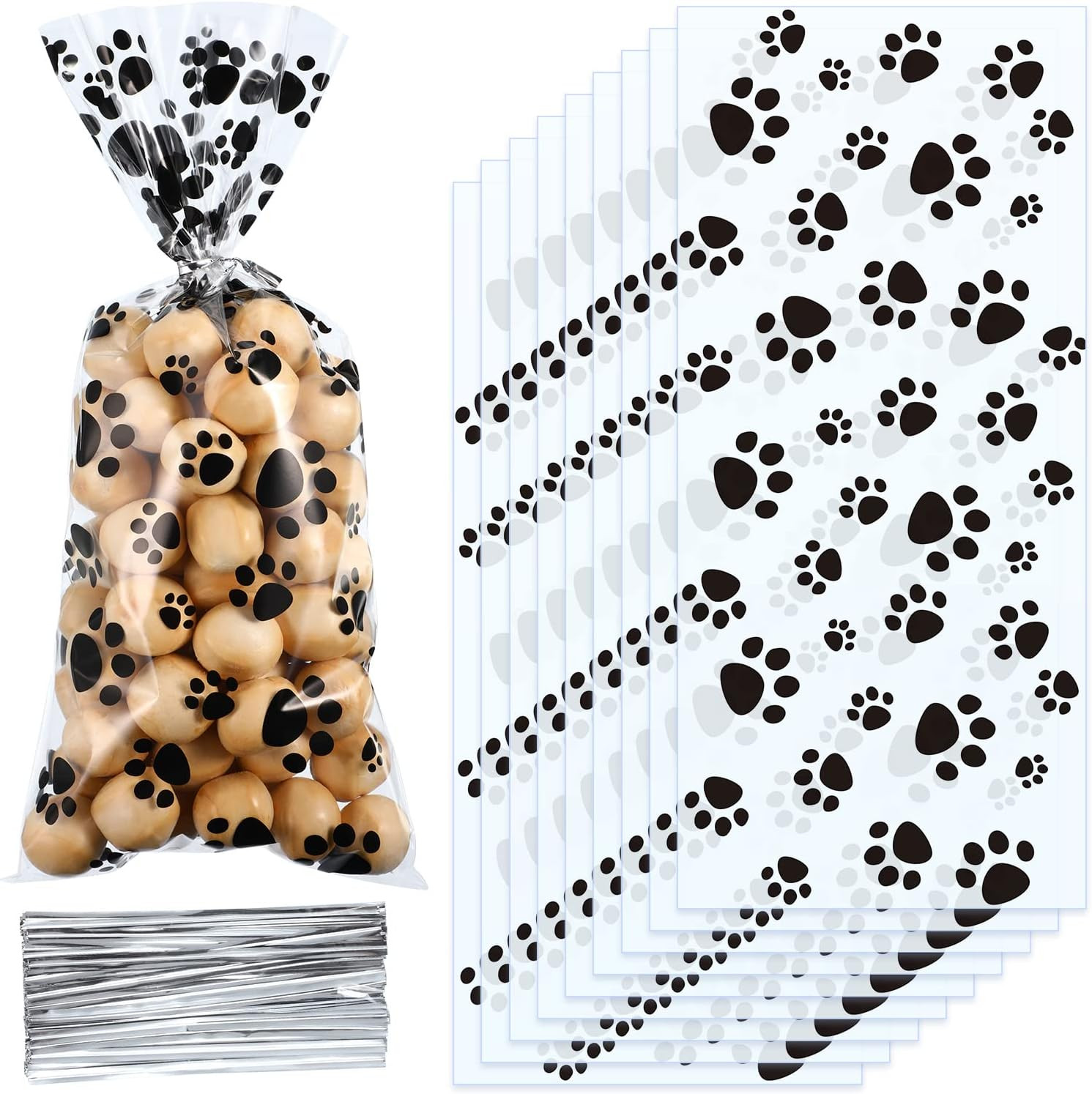 200 Paw Print Cellophane Treat Bags Dog & Cat Party Favors with Twist Ties Black