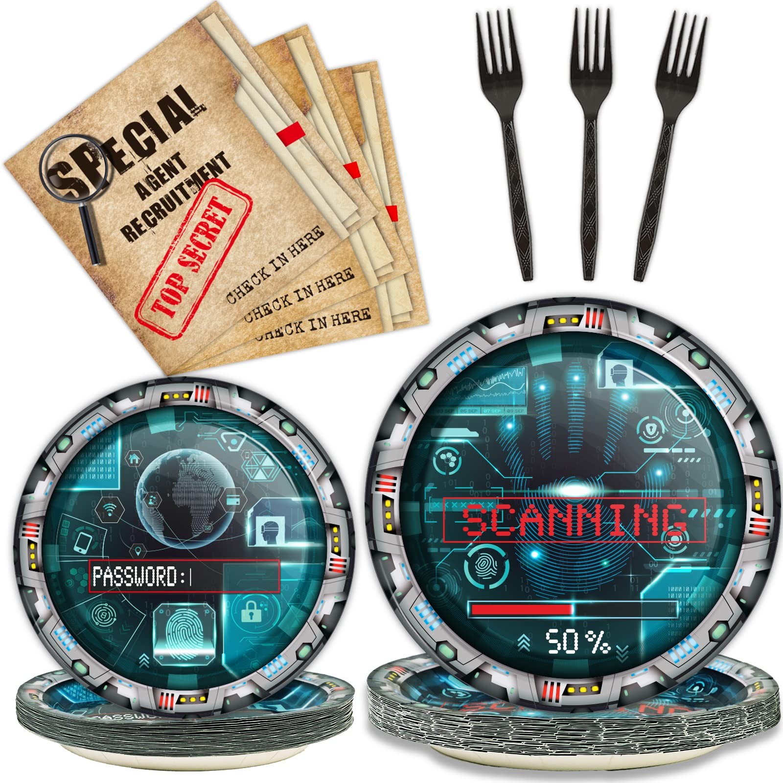 96 Pcs Secret Agent Party Plate and Napkin Top Secret Spy Detective Plates Na…