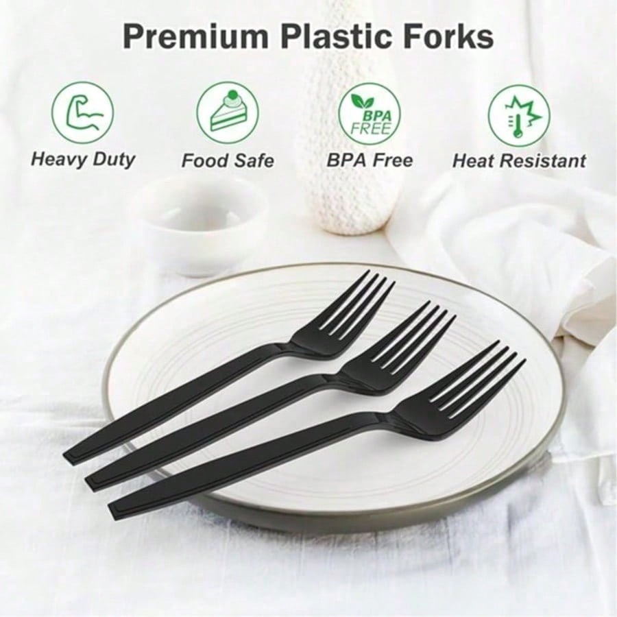 Extra Heavy Duty Black Disposable Plastic Forks 100 Pack Heat Resistant Durable