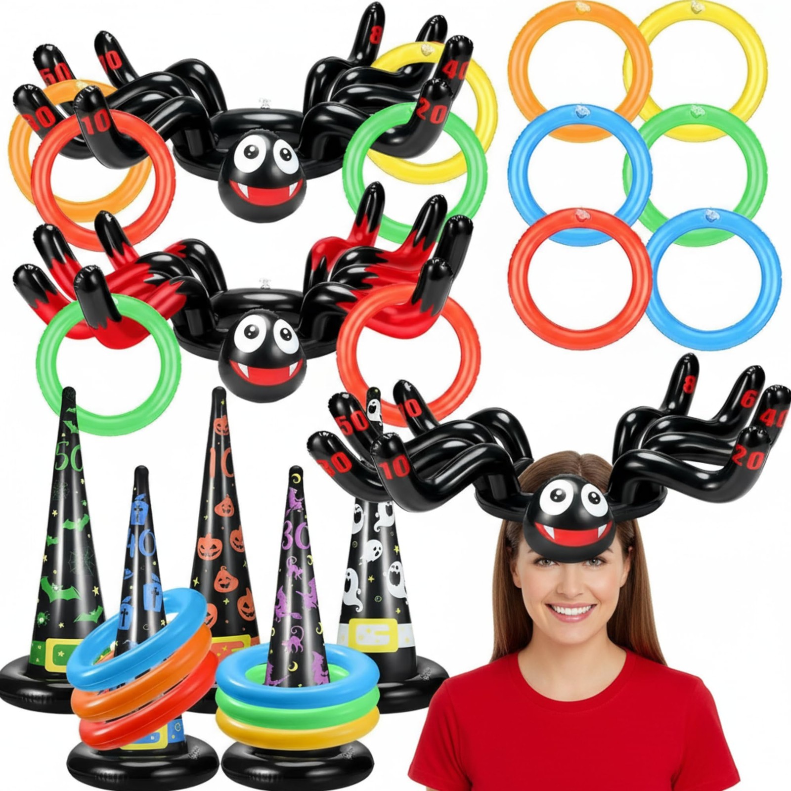 25 Pcs Halloween Ring Toss Game Include 5 Inflatable Witch Hat, 18 Plastic Ri…