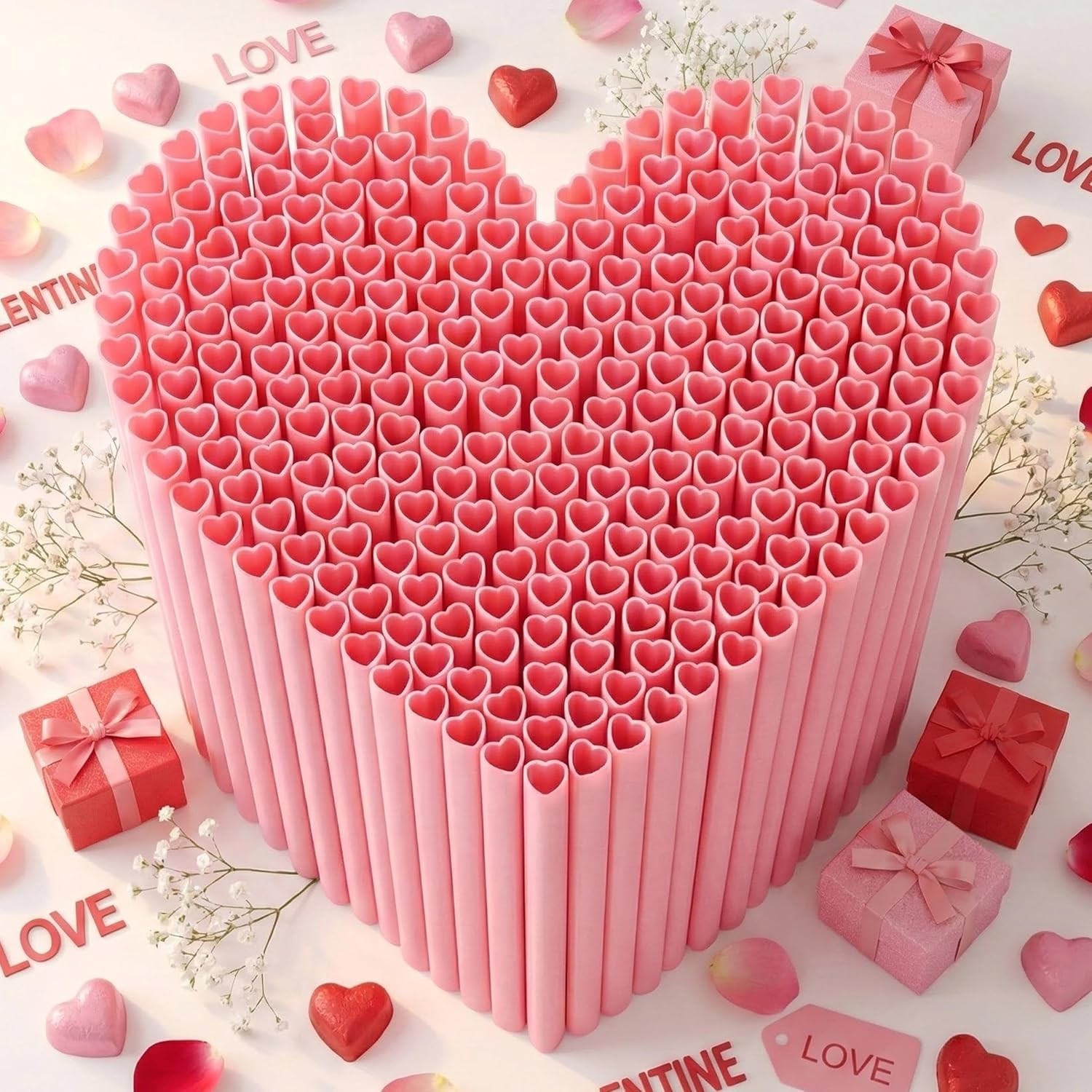 100PCS Valentines Day Heart Straws – Heart Shaped Pink Straws Plastic Disposable
