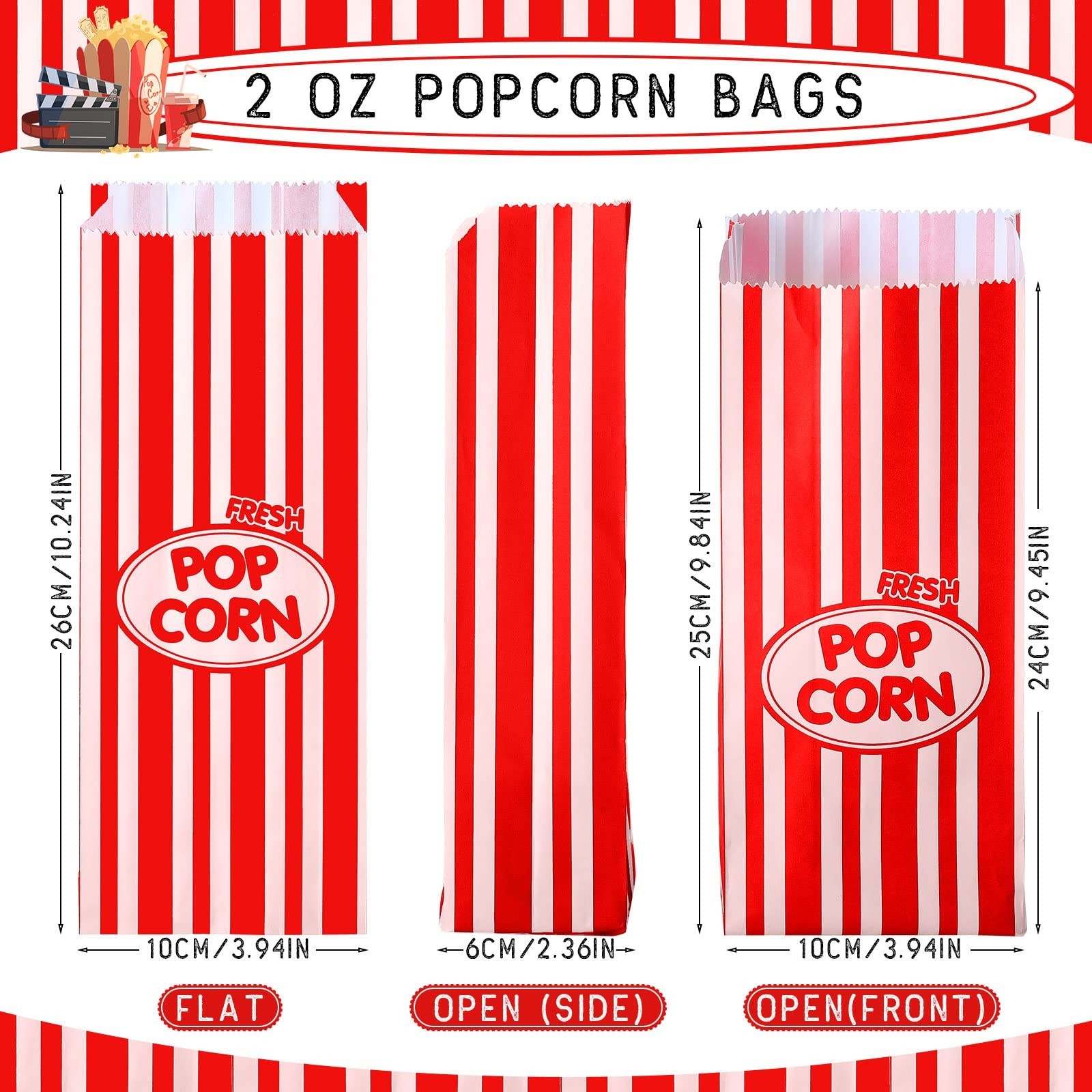 1000 Pcs 2oz Red Retro Striped Popcorn Bags – Disposable Party Favors for Events