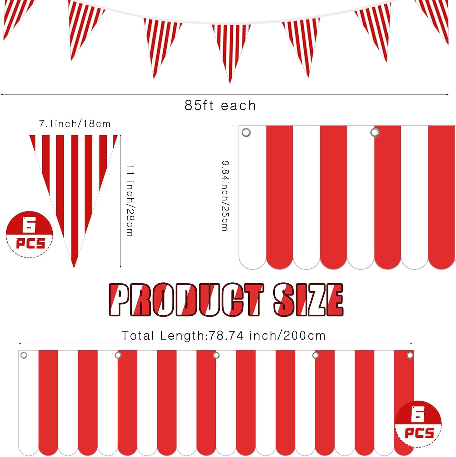12 Pcs Carnival Circus Tent Party Decorations Red White Striped Hanging Banner w
