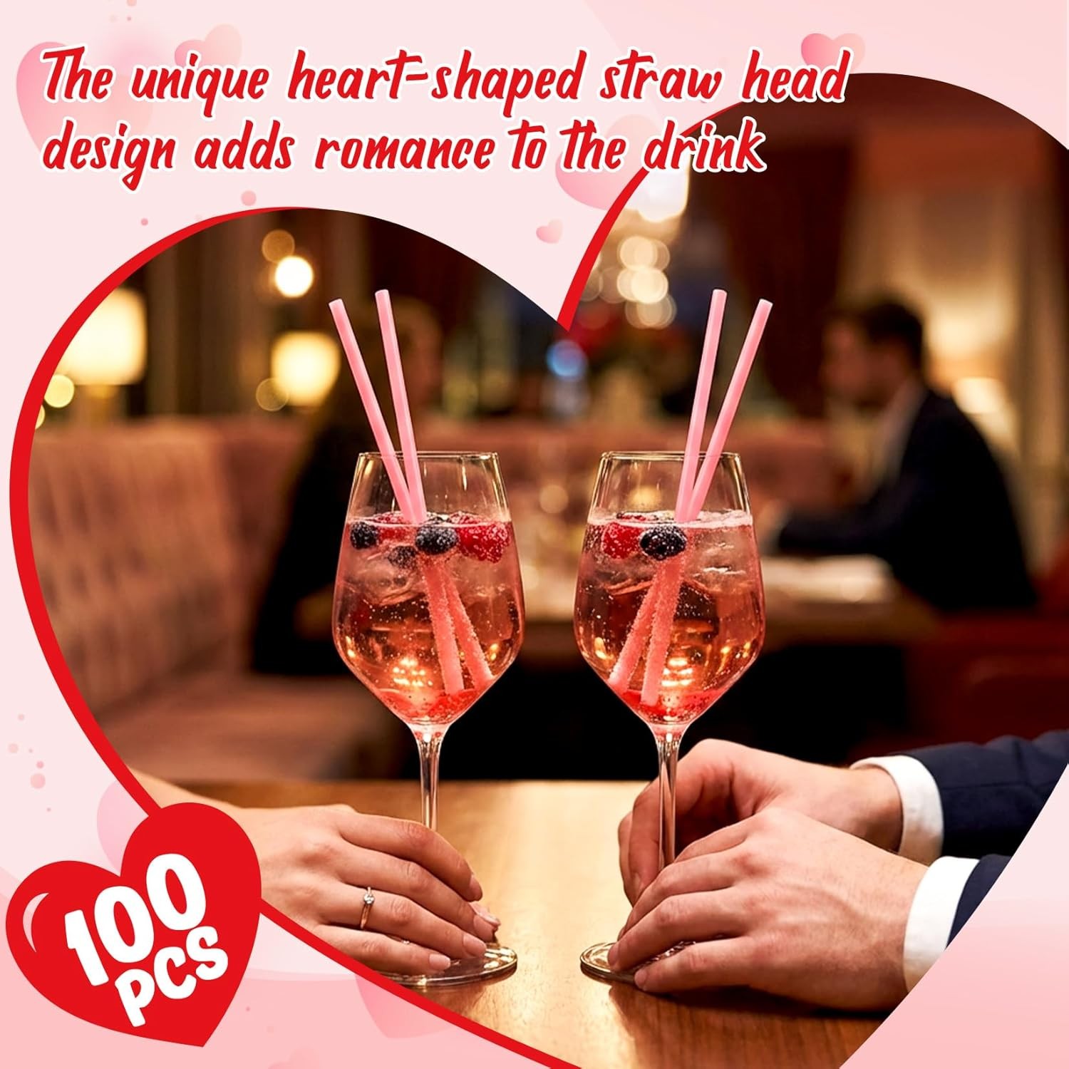 100PCS Valentines Day Heart Straws – Heart Shaped Pink Straws Plastic Disposable