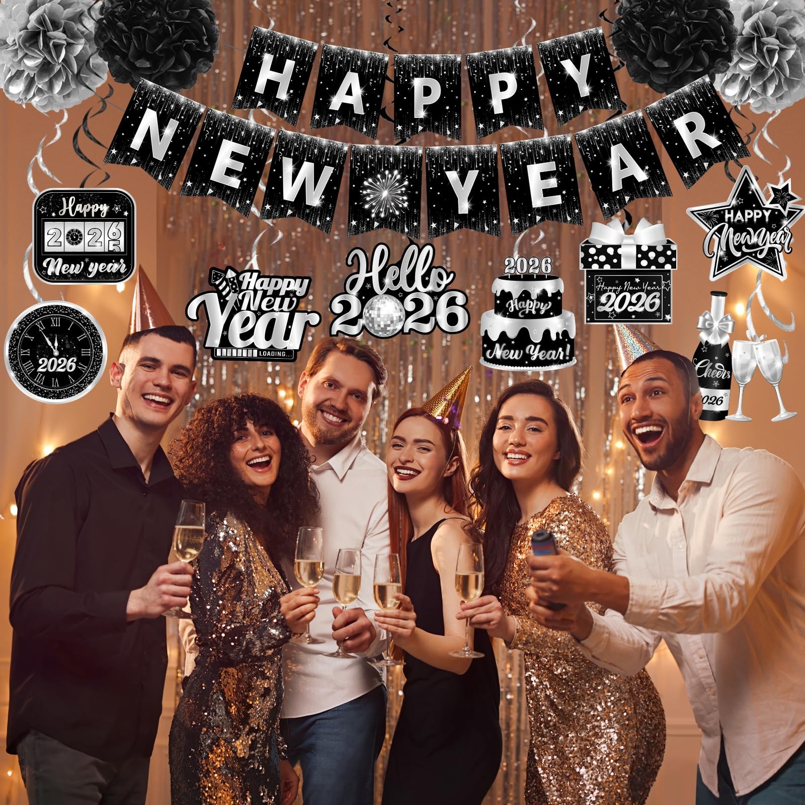 Happy New Year 2026 Silver and Black, NYE 0.5 inches x inches,