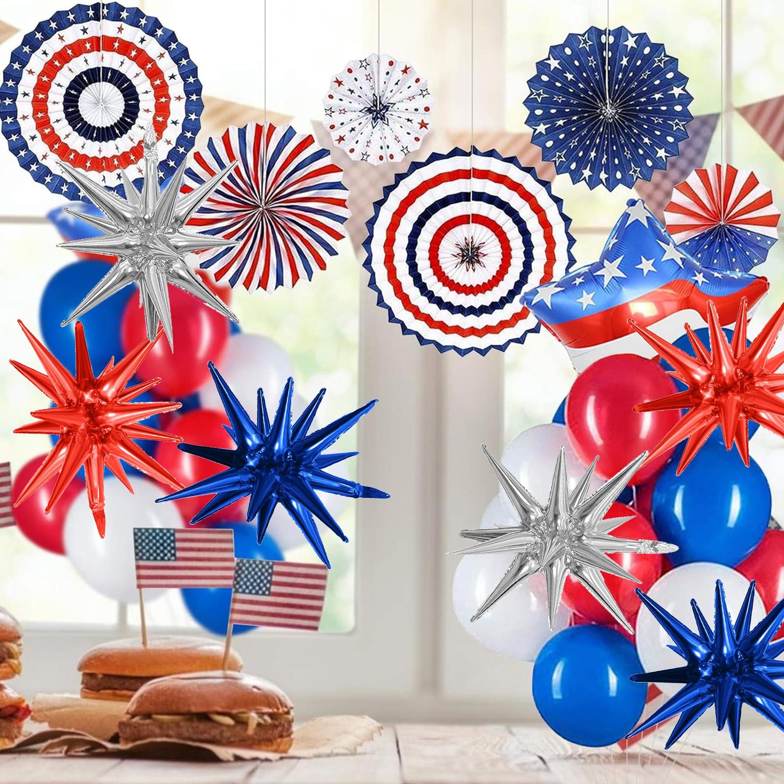 6PCS Star Balloons, 22Inch Huge Red Blue White Star Balloons Spike Cone Ballo…