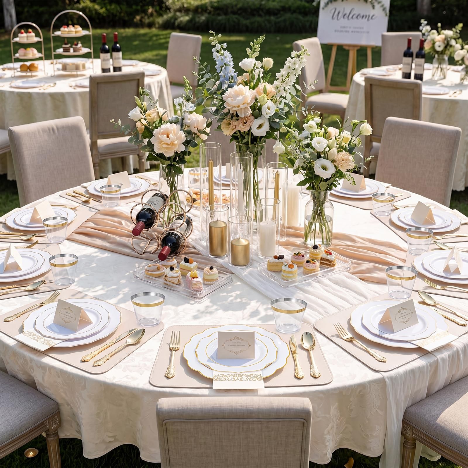 175PCS Gold Plastic Plates with Disposable Silverware – White Gold Plastic Ta…