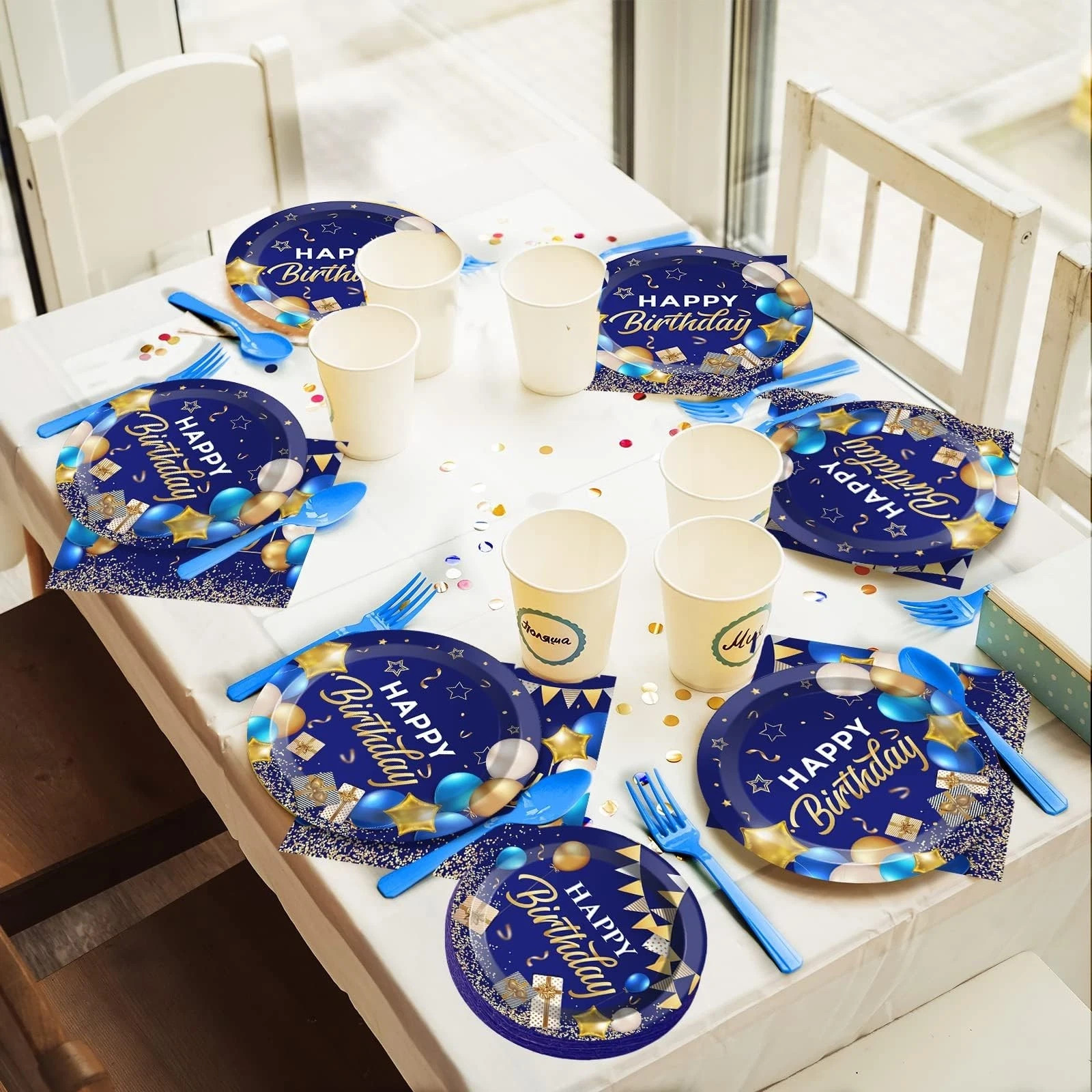 50 Guest Blue & Gold Birthday Party Plates, Napkins & Tableware Set – 200 PCS