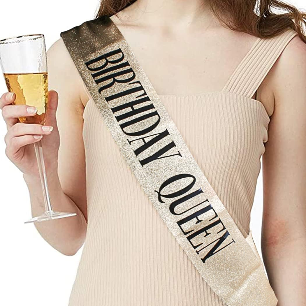 Birthday Queen Sash & Rhinestone Tiara Set Gold Happy Birthday Crowns for Women