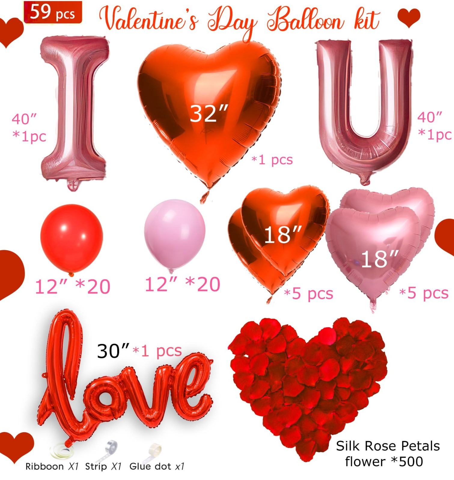 Romantic Red & Pink Heart Balloons Kit – Mylar LOVE Balloons & Rose Petals for V