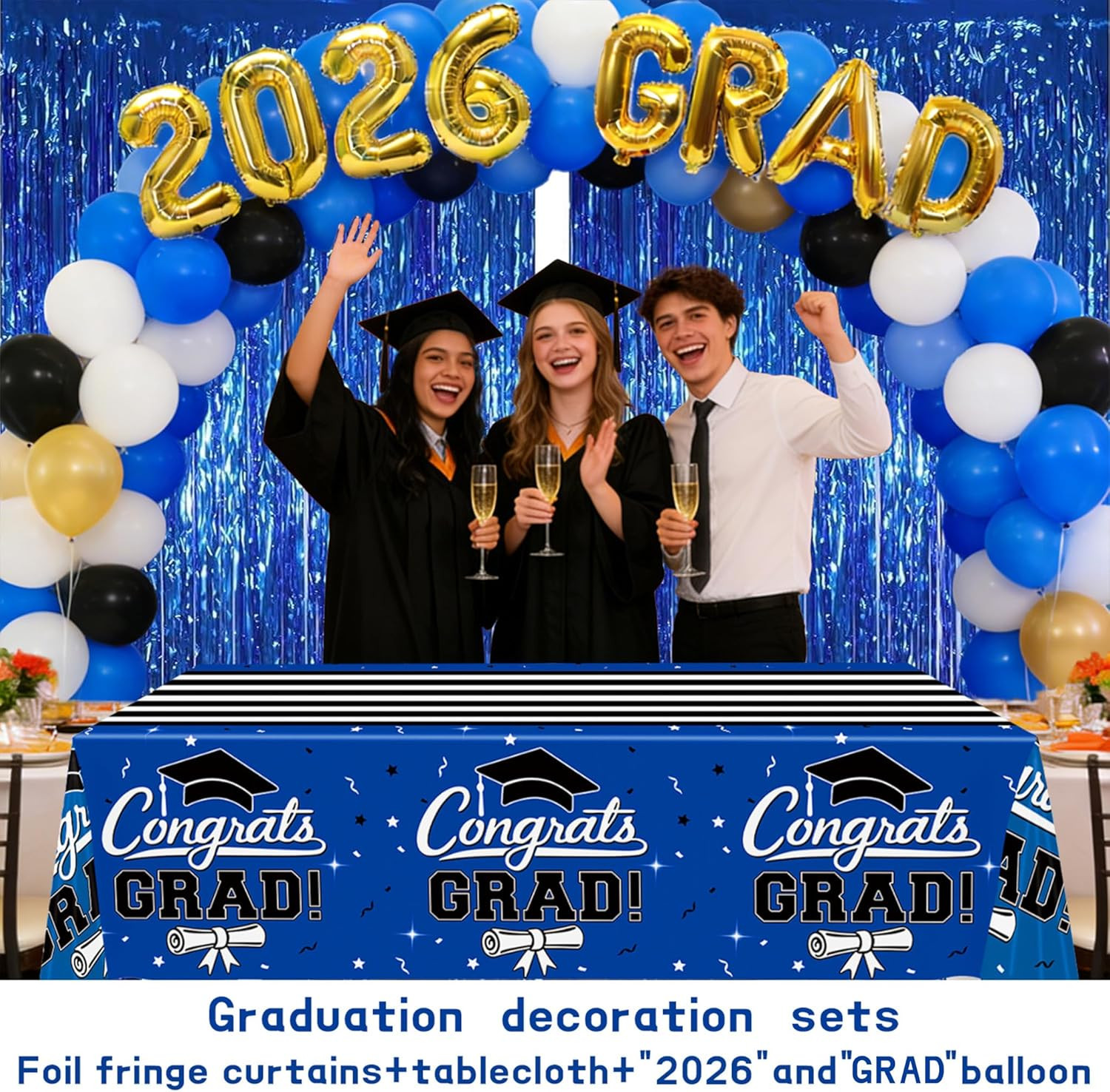 7-Pack Graduation Party Decorations Set, 3 Blue Graduation Tablecloths 54X108In,