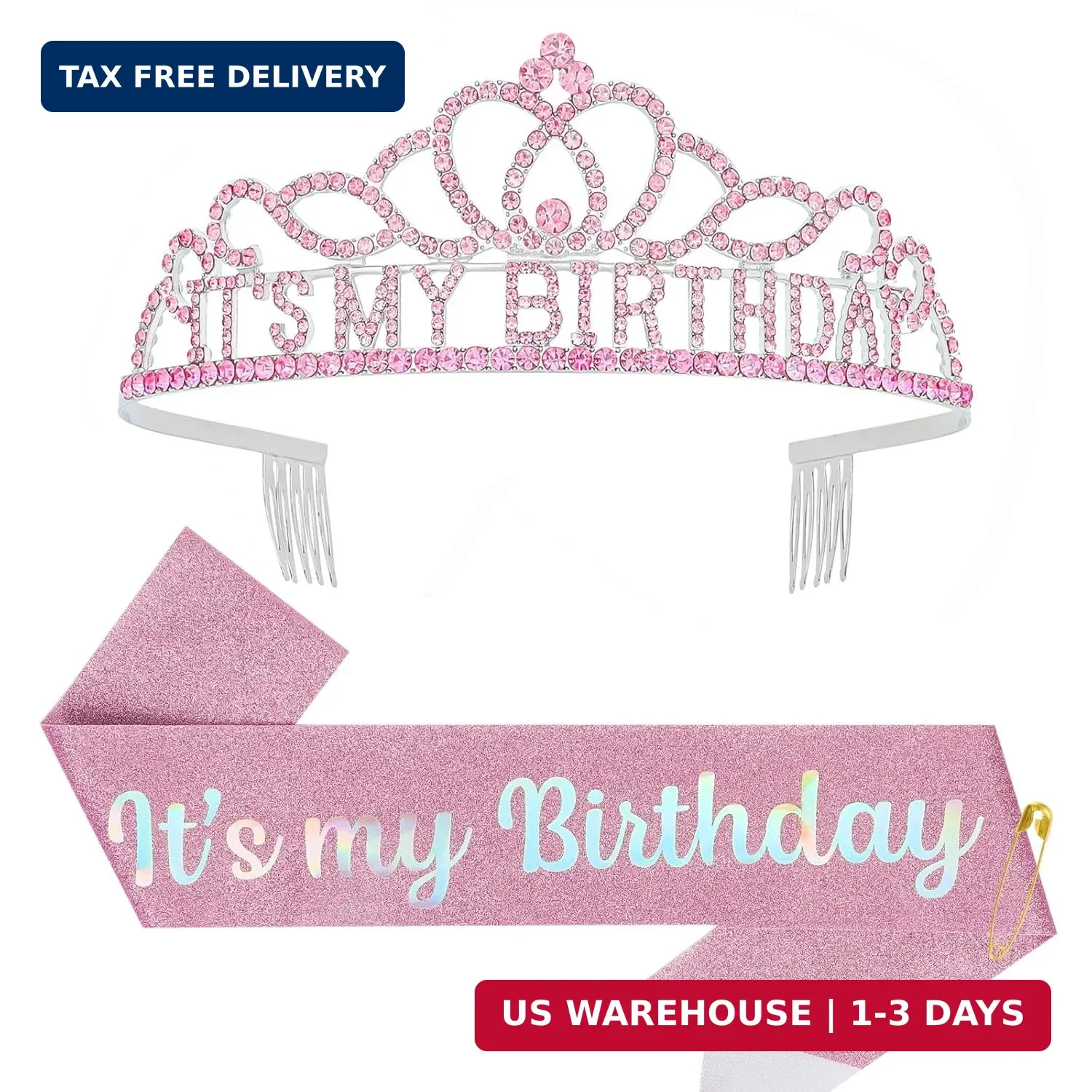 Birthday Crown and Sash Set, Glitter Its My Birthday Sash with Rhinestone Tiara
