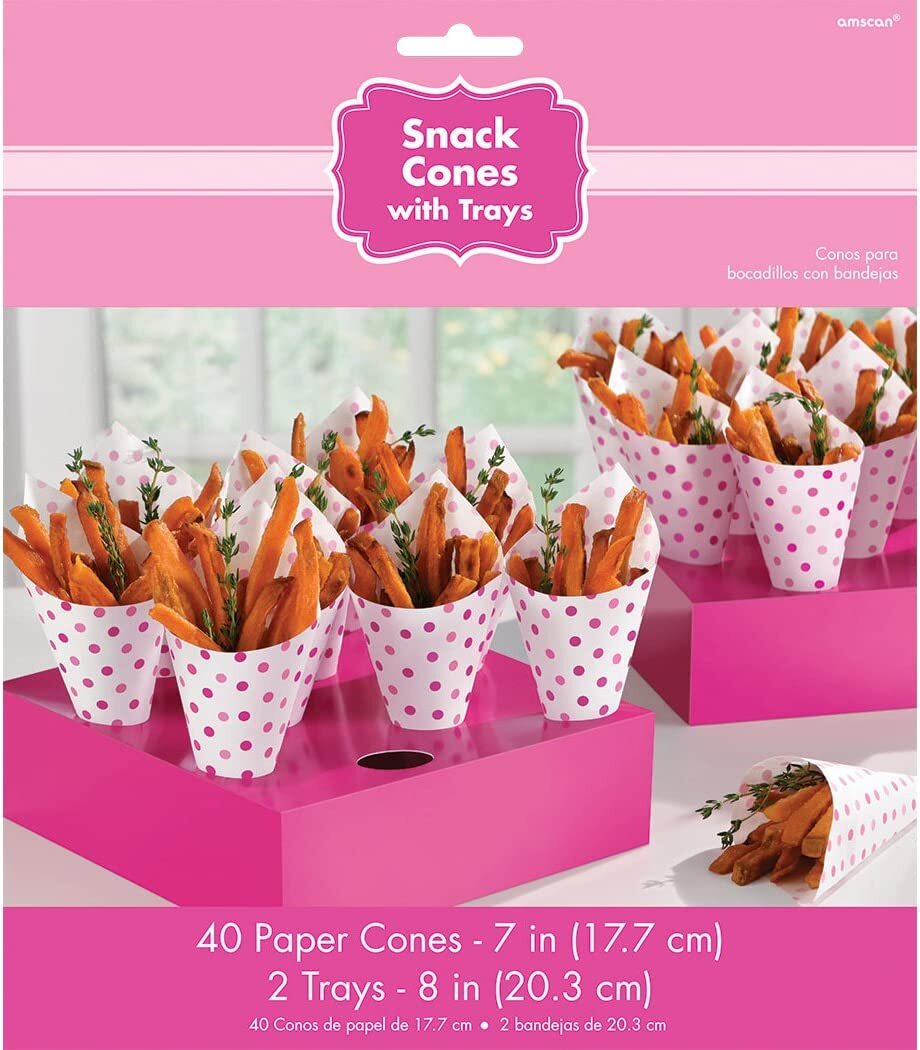40x Cone Shape Popcorn Paper Bags with Tray Treat Buffet Bags for Popcorn Snack