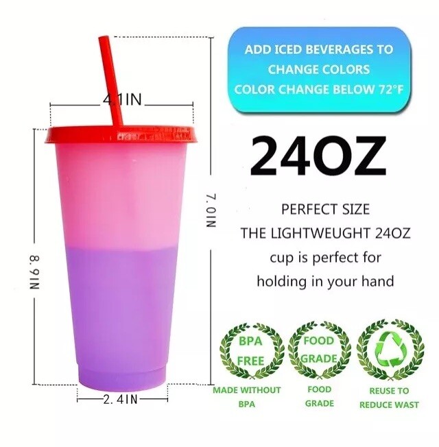 Magic Color Changing Plastic Cups Lids Straws 6 Pack 24 Oz Reusable BPA Free