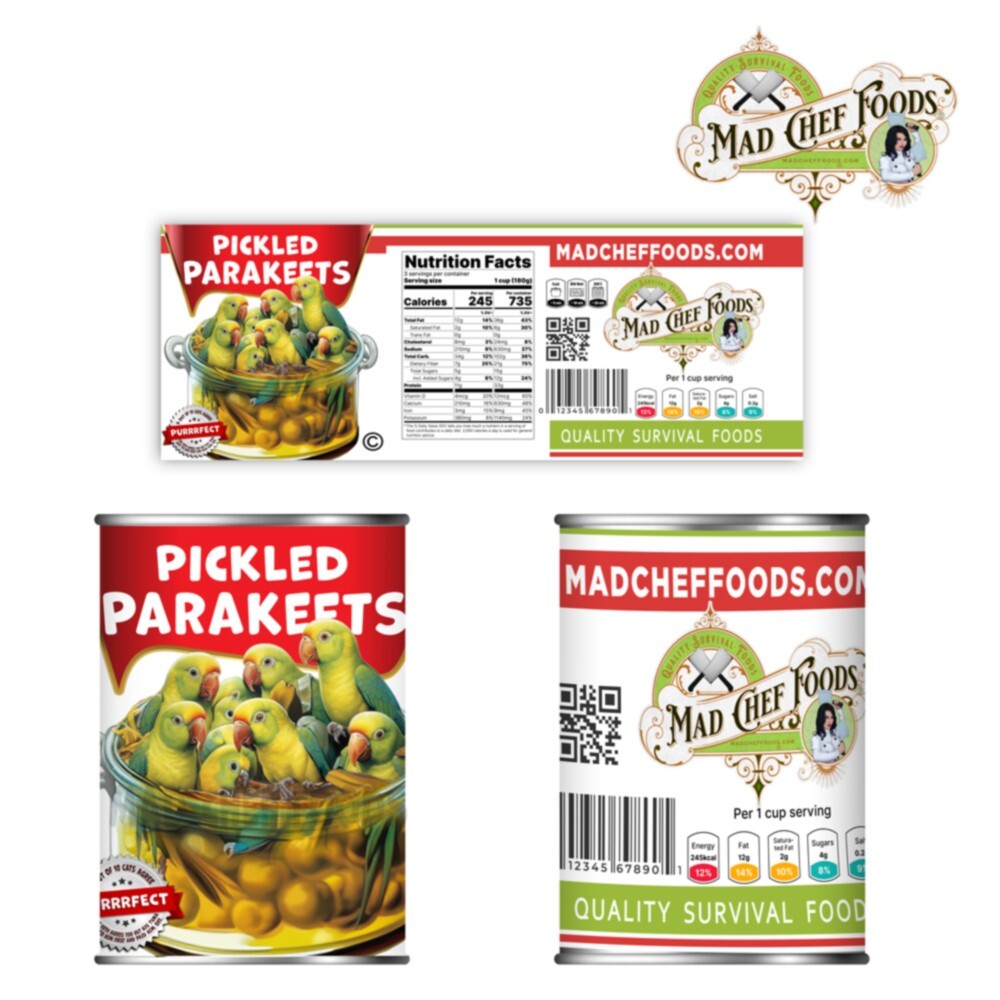 FUNNY CHRISTMAS Pickled Parakeets Can Label STOCKING STUFFER Joke Gag Gift Santa
