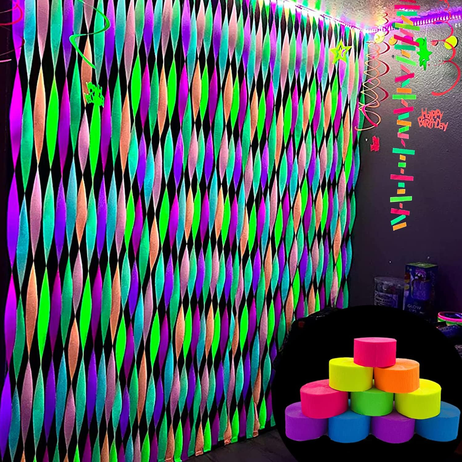 600 Feet Glow Crepe Paper Streamers UV Glow Party Neon Streamer Decorations Glow