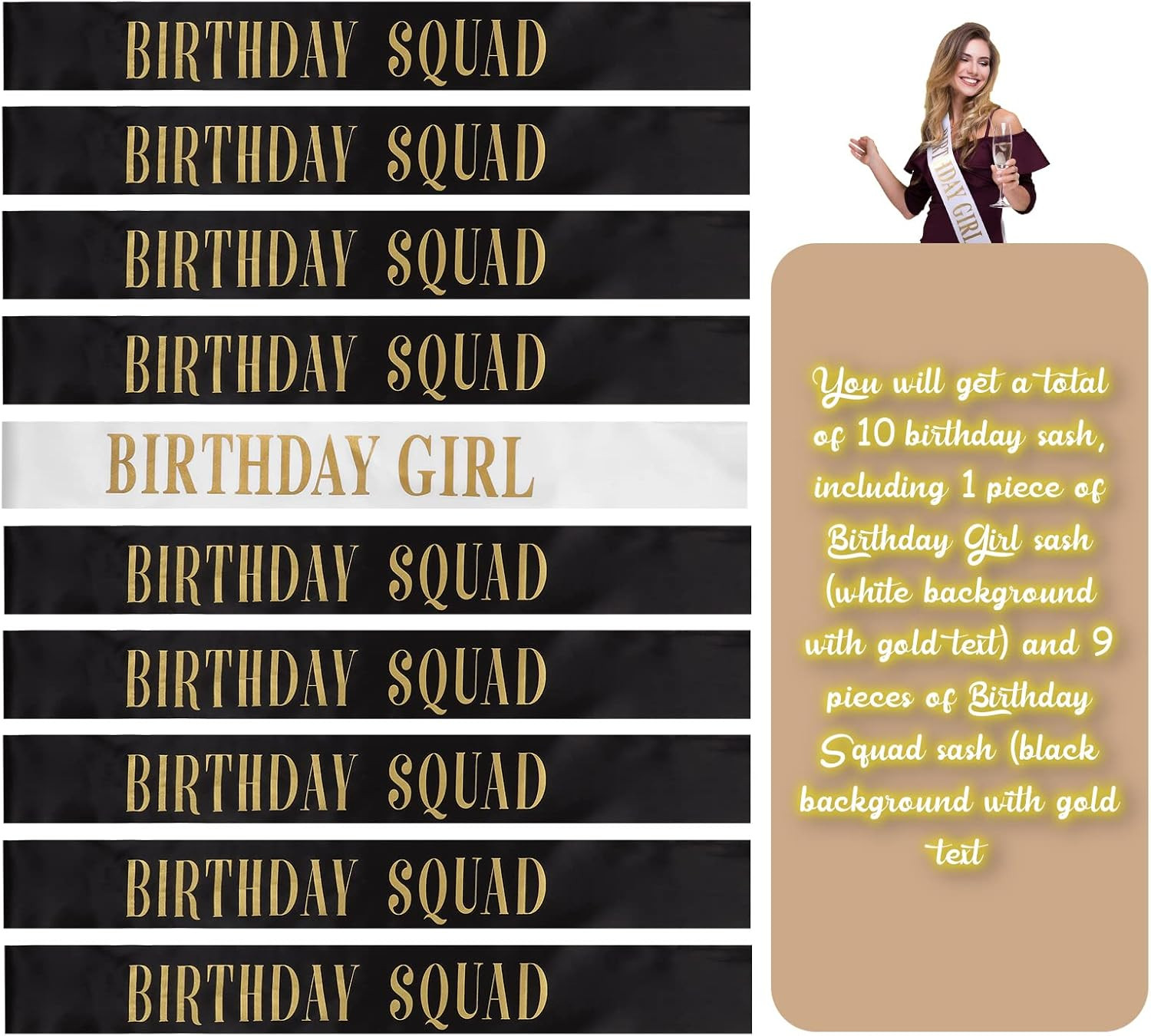 Weewooday 10 Pieces Birthday Squad Sash Set 9 Black and Gold Birthday Group Sash