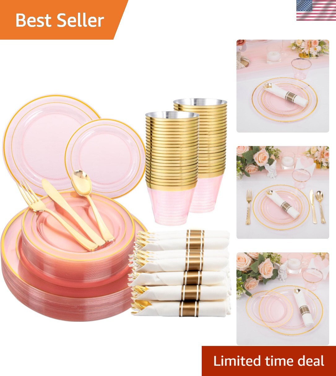 210Pcs Clear-Pink Plastic-Plates – Pink and Gold Plastic Dinnerware include 3…