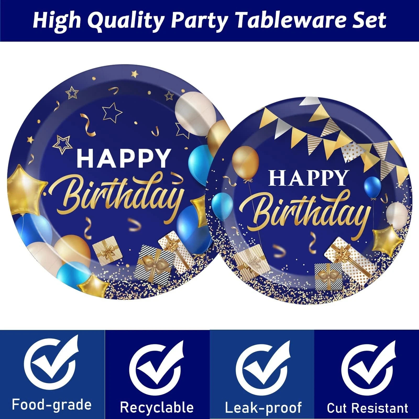 50 Guest Blue & Gold Birthday Party Plates, Napkins & Tableware Set – 200 PCS