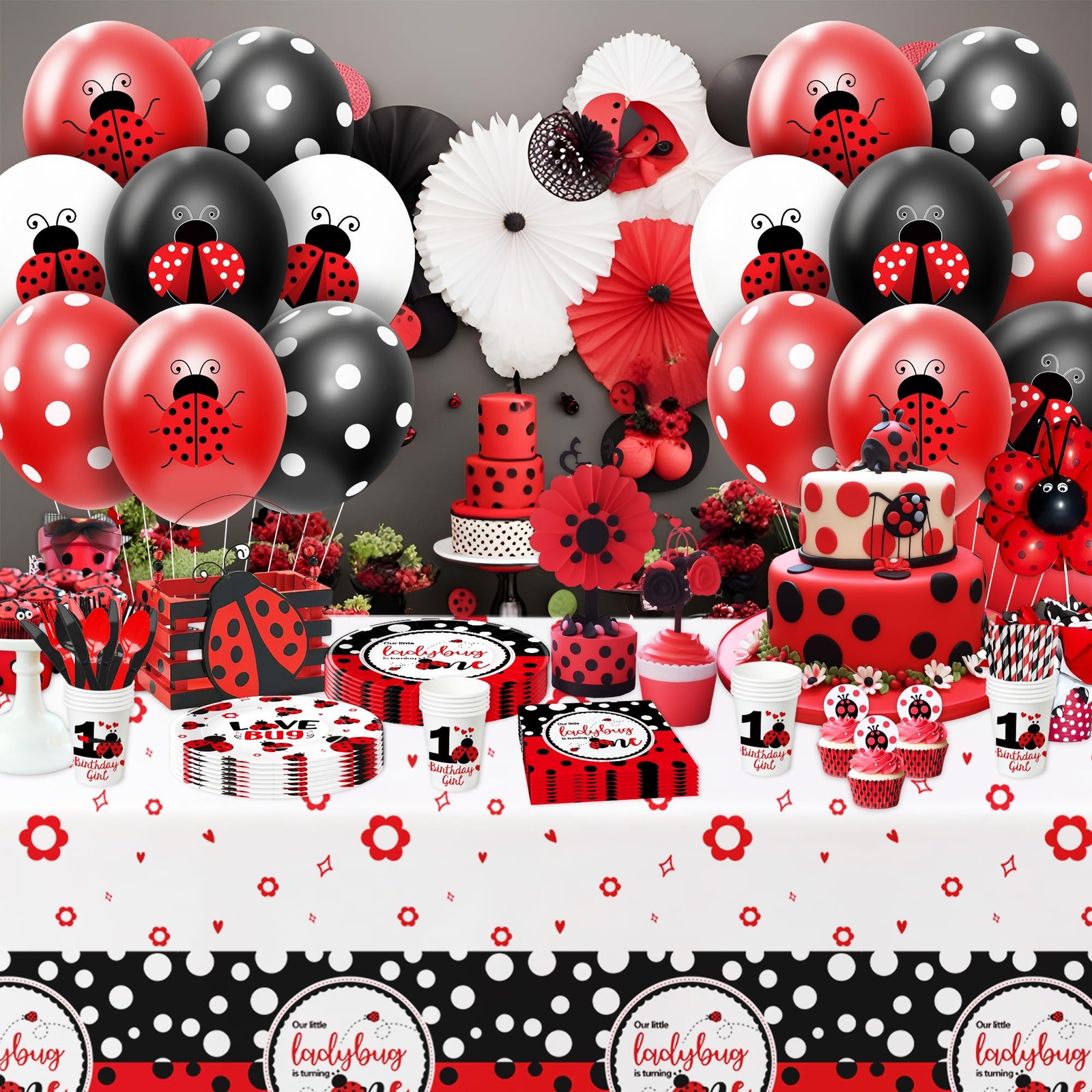 Ladybug Party Balloons Decorations Supplies, 50Pcs Disposable Red Black Polka