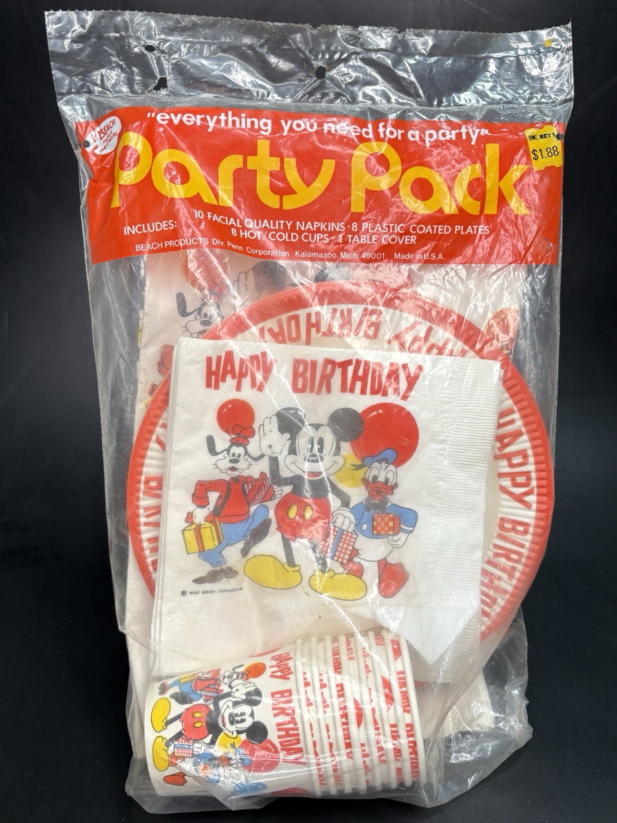 Vintage Disney Mickey Mouse Party Pack Paper Plates Table Cover Napkins Cups NEW