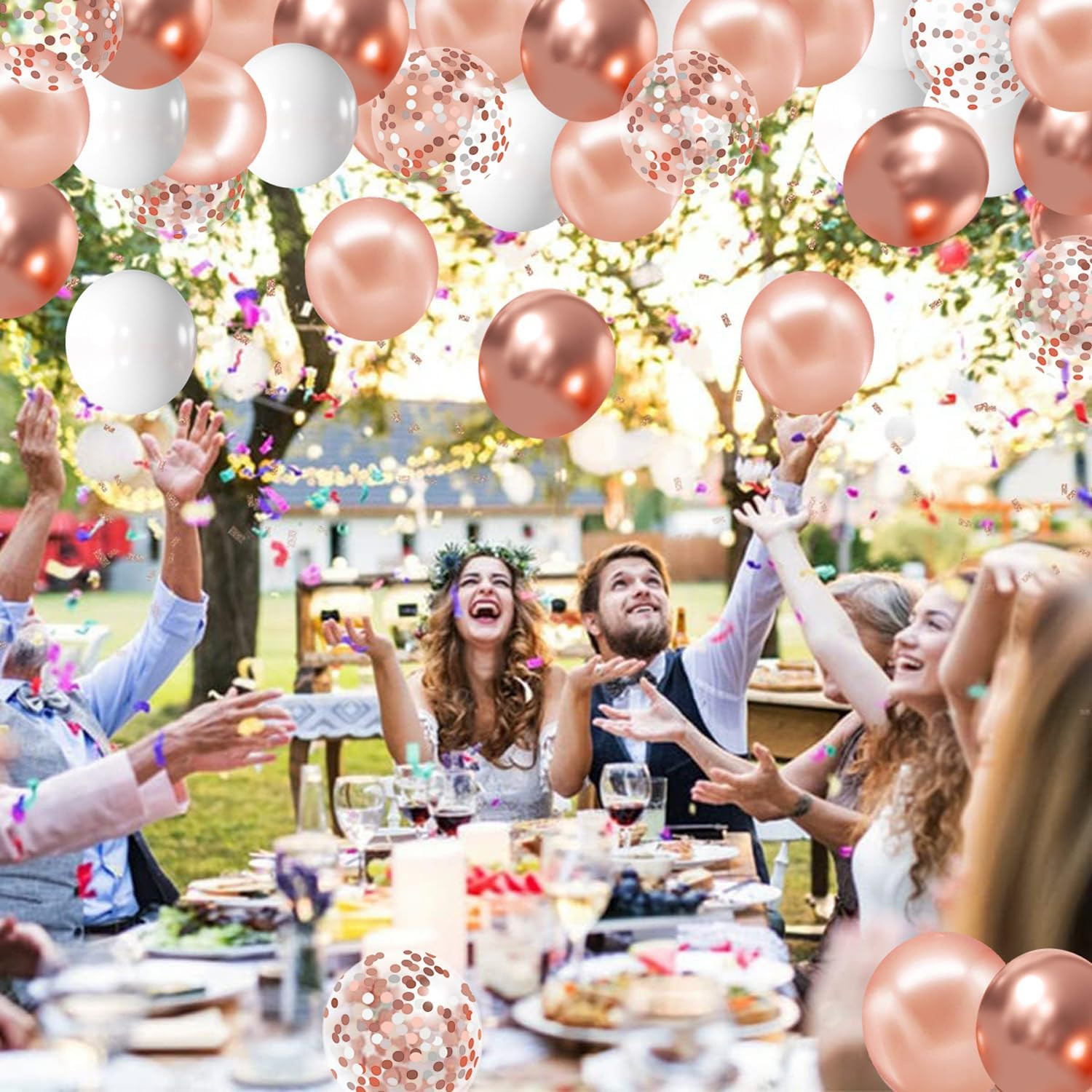 Rose Gold Confetti Balloons, 50 Pack 12 Inch White and Rose Gold Latex Balloons