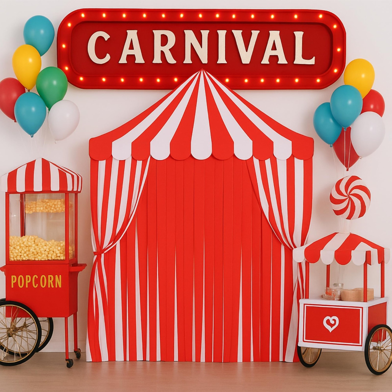 4-Piece Carnival Circus Decor Set – Red Striped Tent Canopy & Curtains for Party