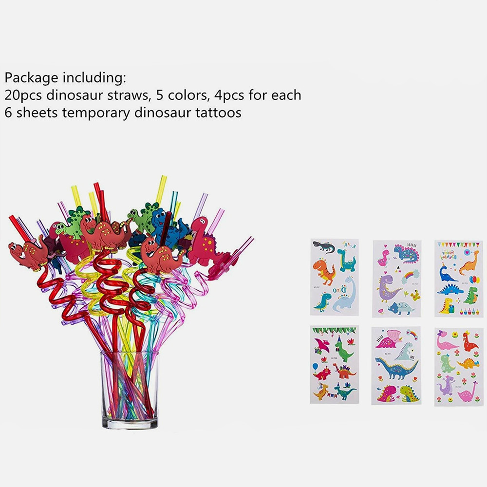 24 Straws +6 Tattoos Reusable Dinosaur Straws–Dinosaur Birthday Party Supplies